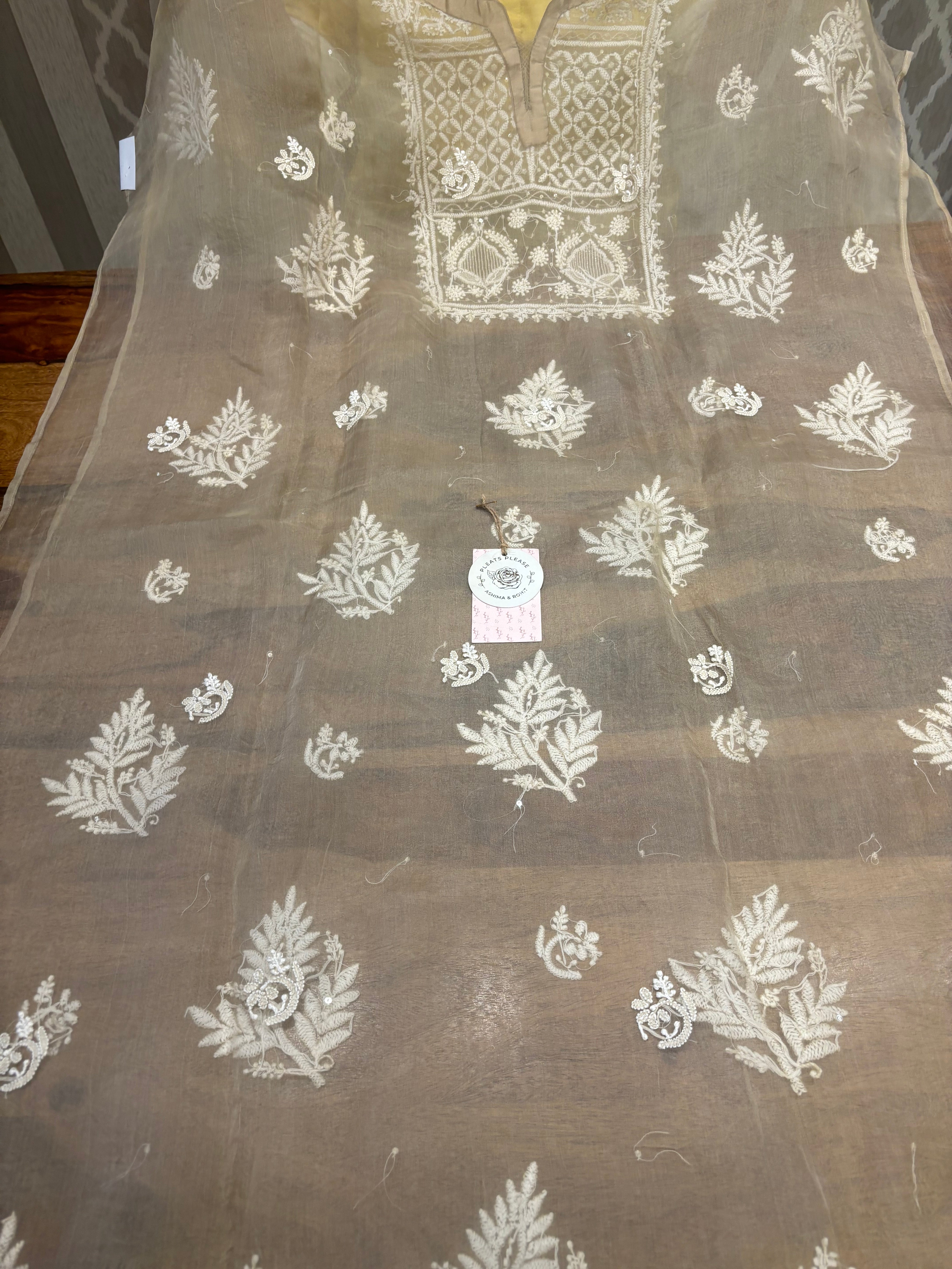 Brown Organza Silk Chikankari Kurta And Dupatta Set