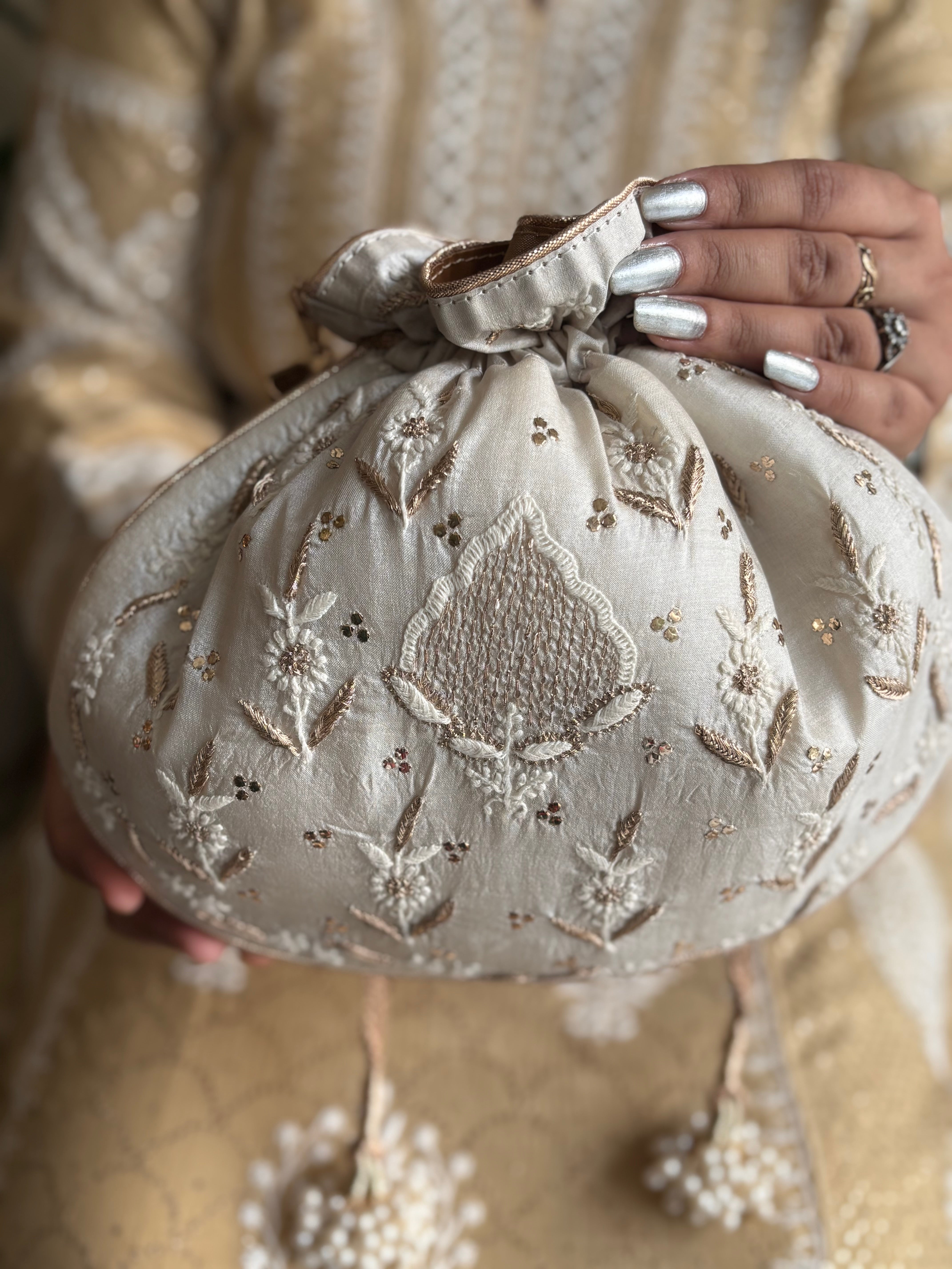 Ivory Silk Chikankari Batua