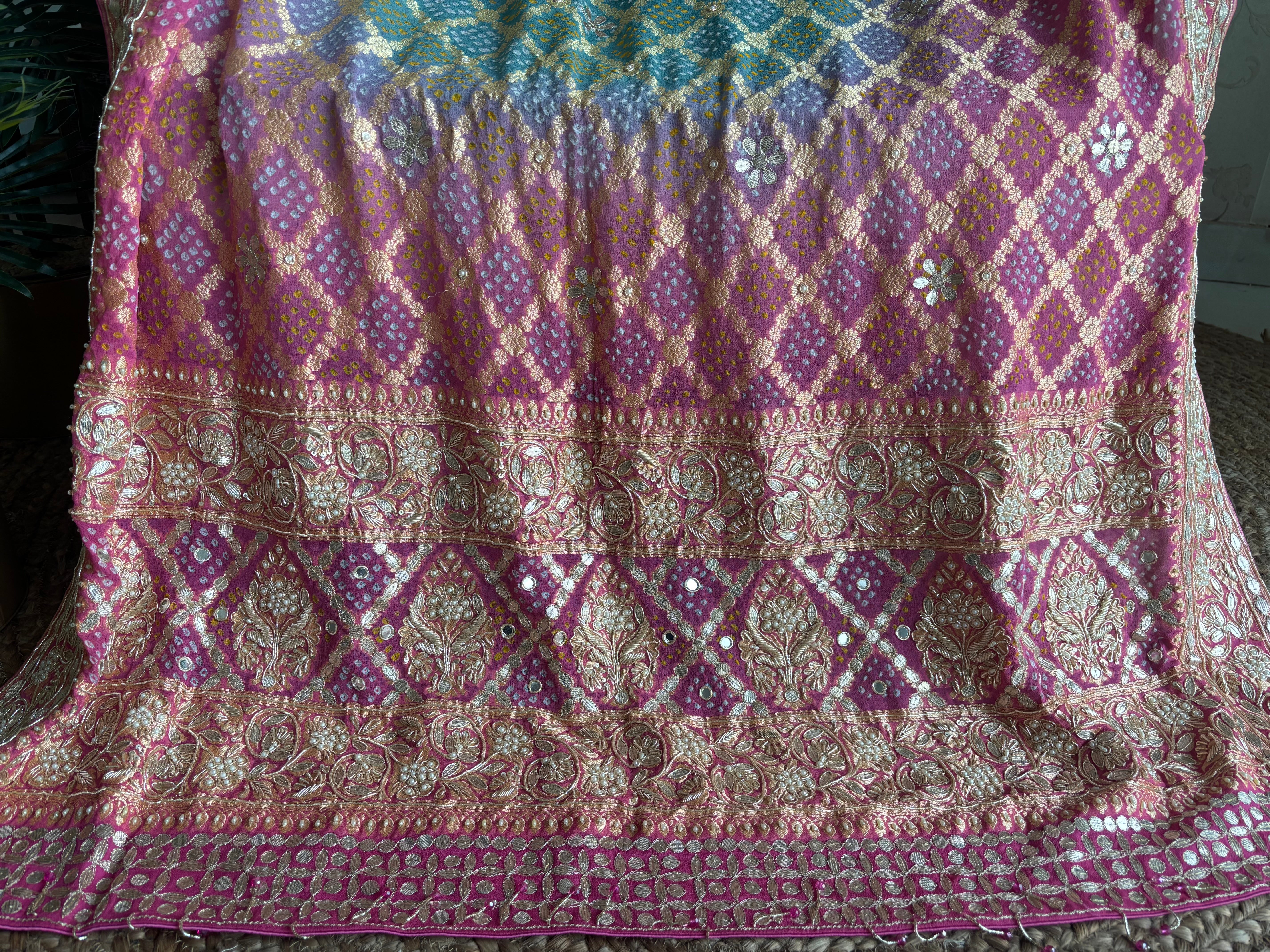 Pink and teal Bandhej Khaddi Georgette Dupatta
