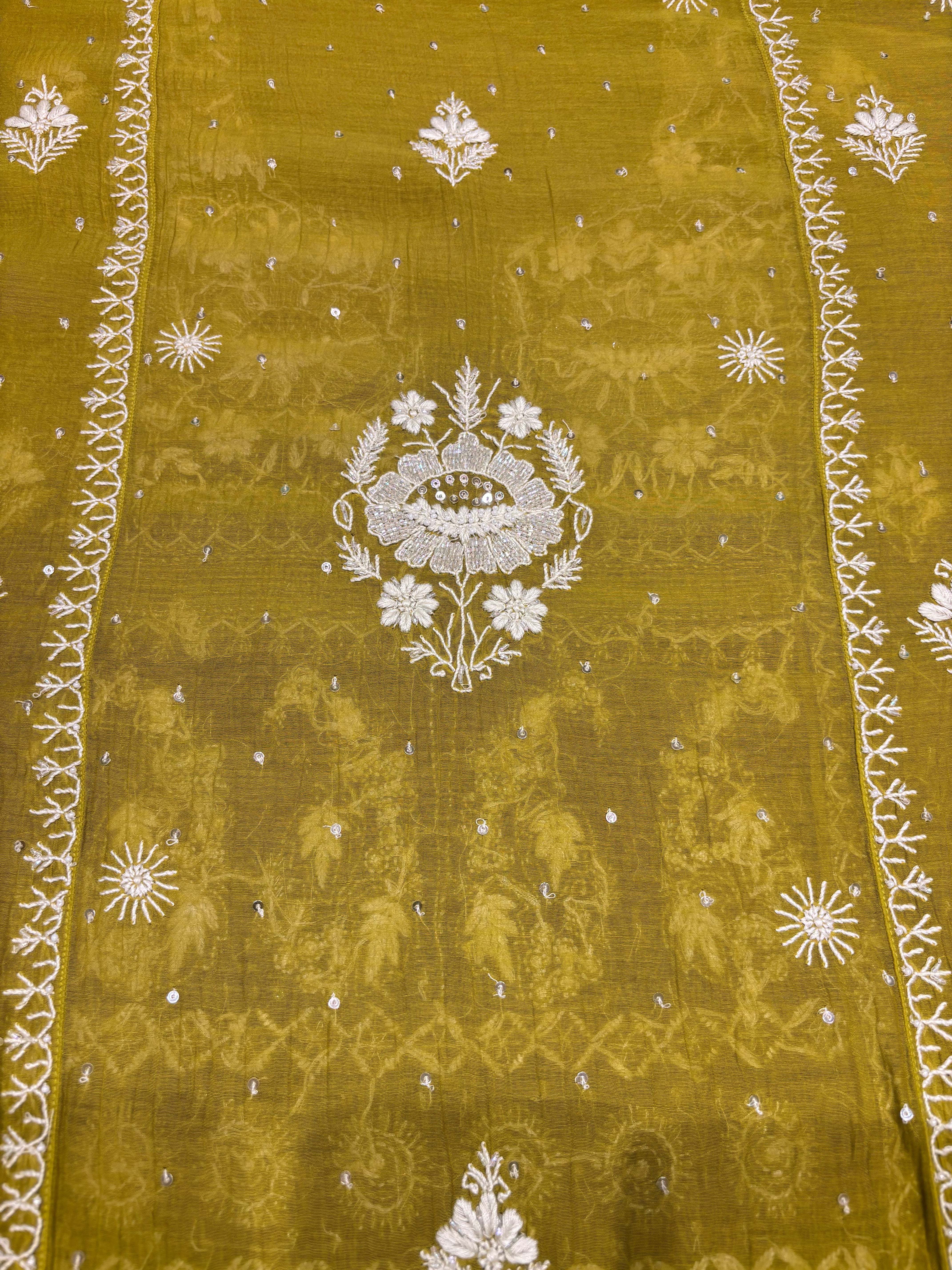 Olive Green Chanderi Mul Chikankari Kurta and Dupatta