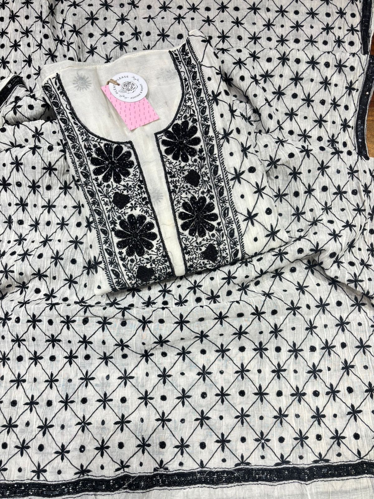 Dyeable Black & White Chanderi Mul Chikankari Kurta & Dupatta