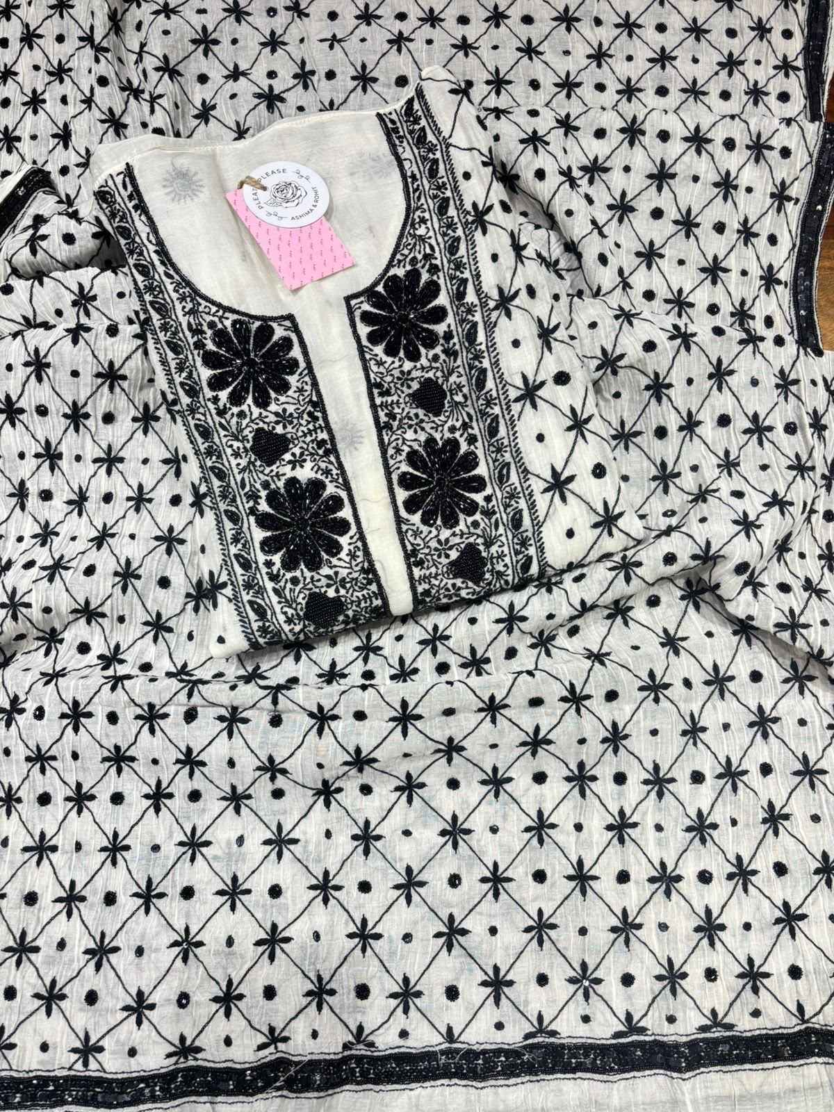 Dyeable Black & White Chanderi Mul Chikankari Kurta & Dupatta