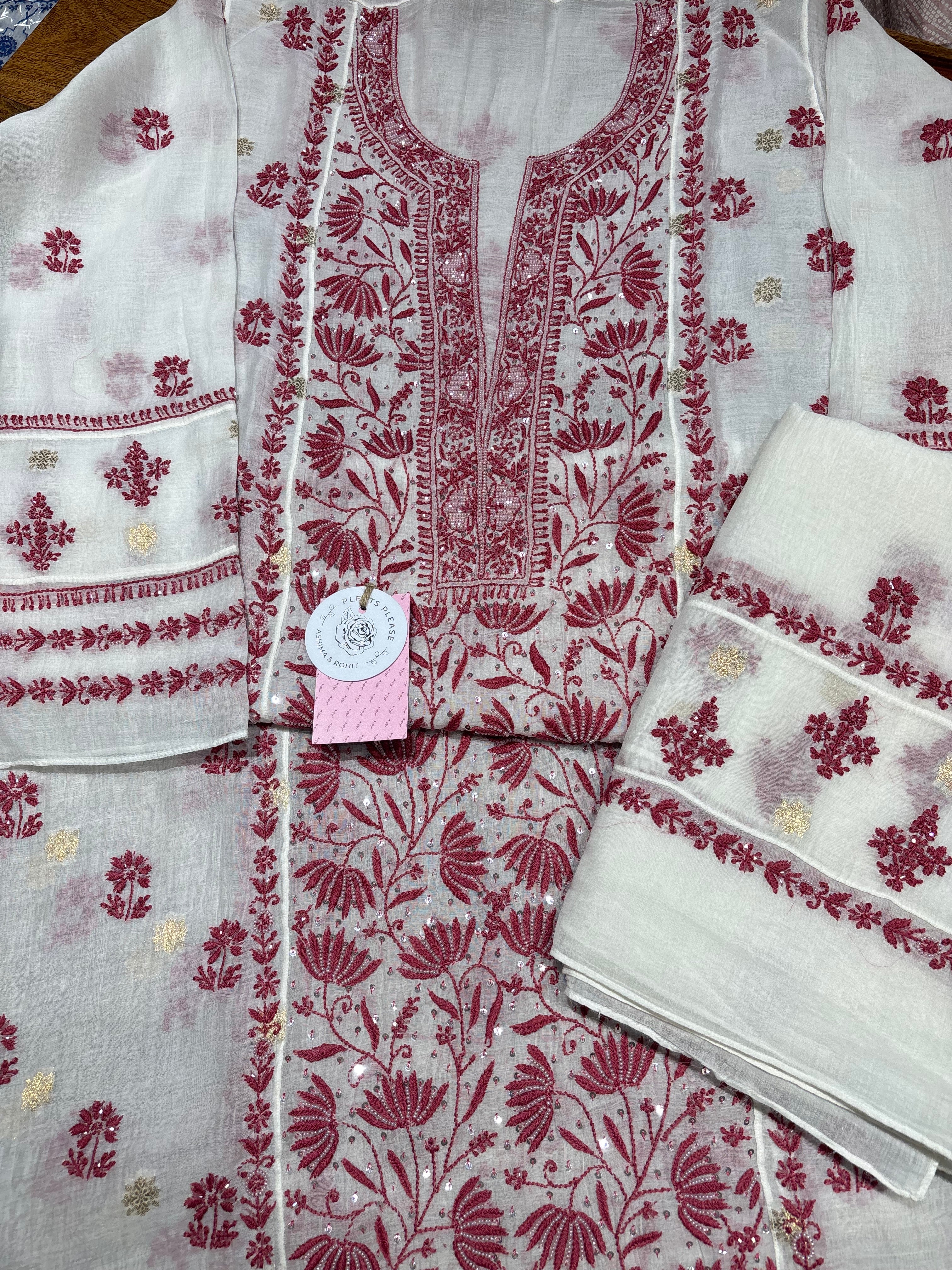 Dyeable Chanderi Mul Chikankari Kurta & Dupatta Set