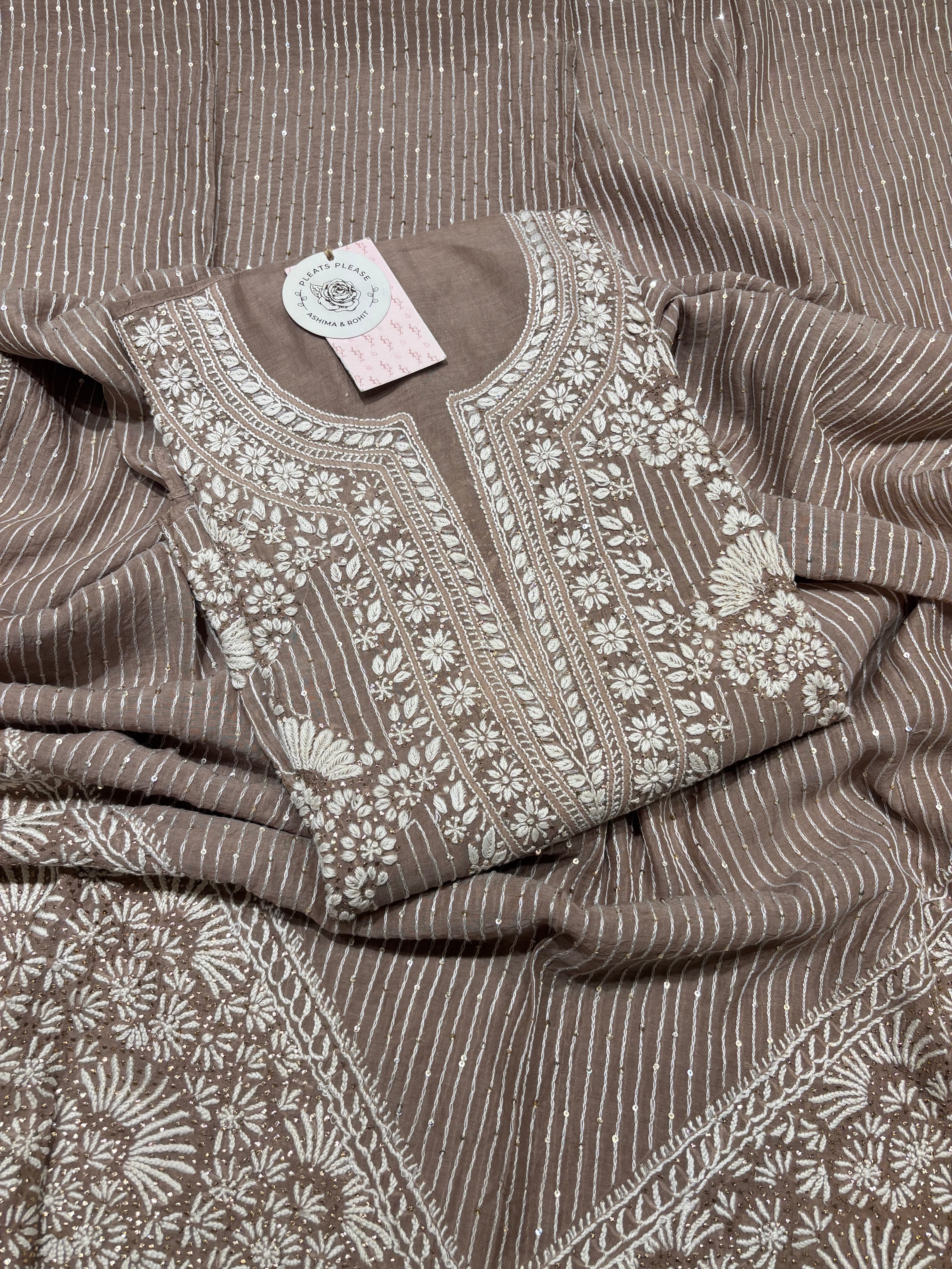 Brown Chanderi Mul Chikankari & Mukaish Kurta and Heavy Dupatta Set