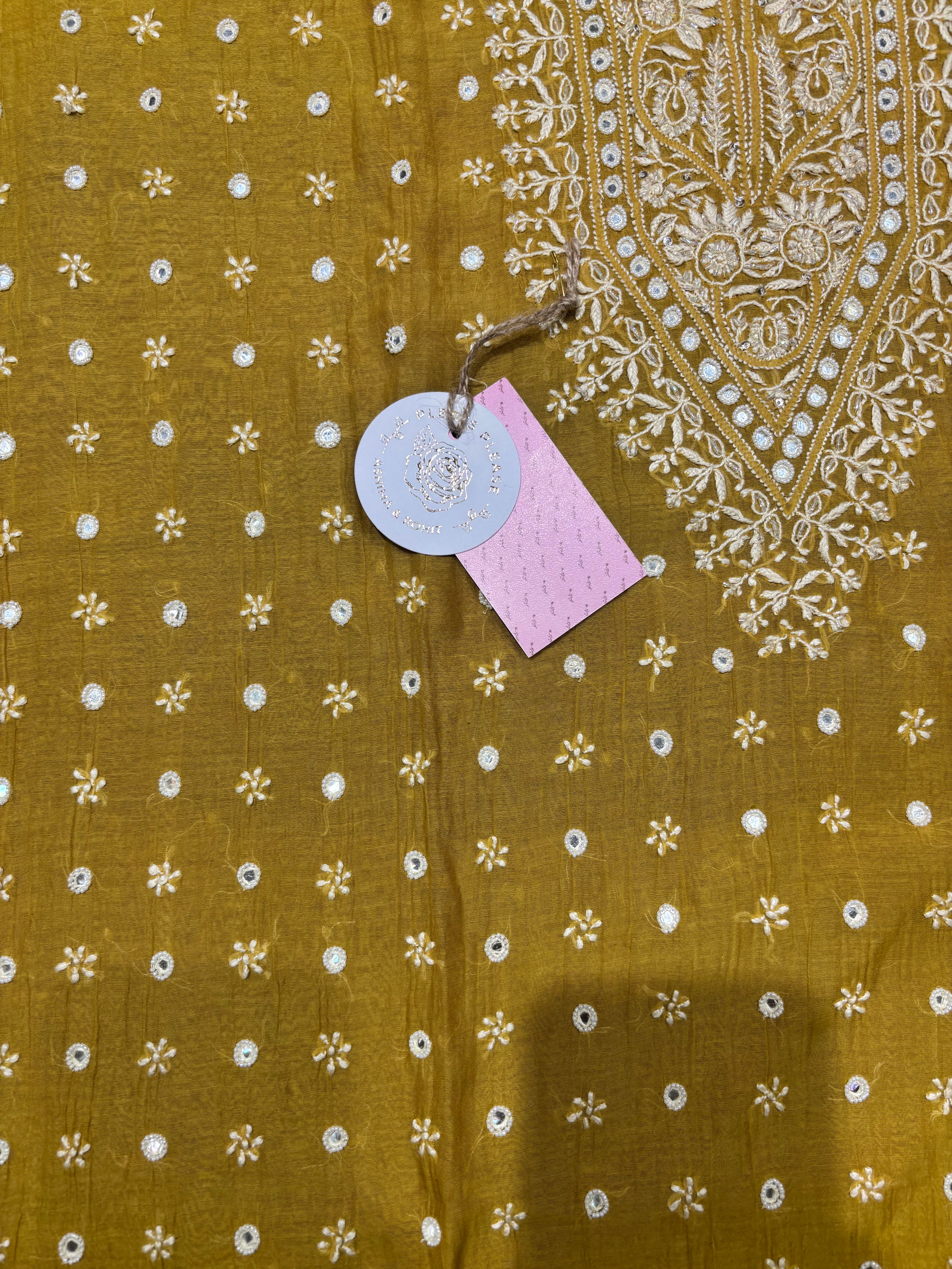 Mustard Chanderi Mul Chikankari Kurta and Dupatta Set
