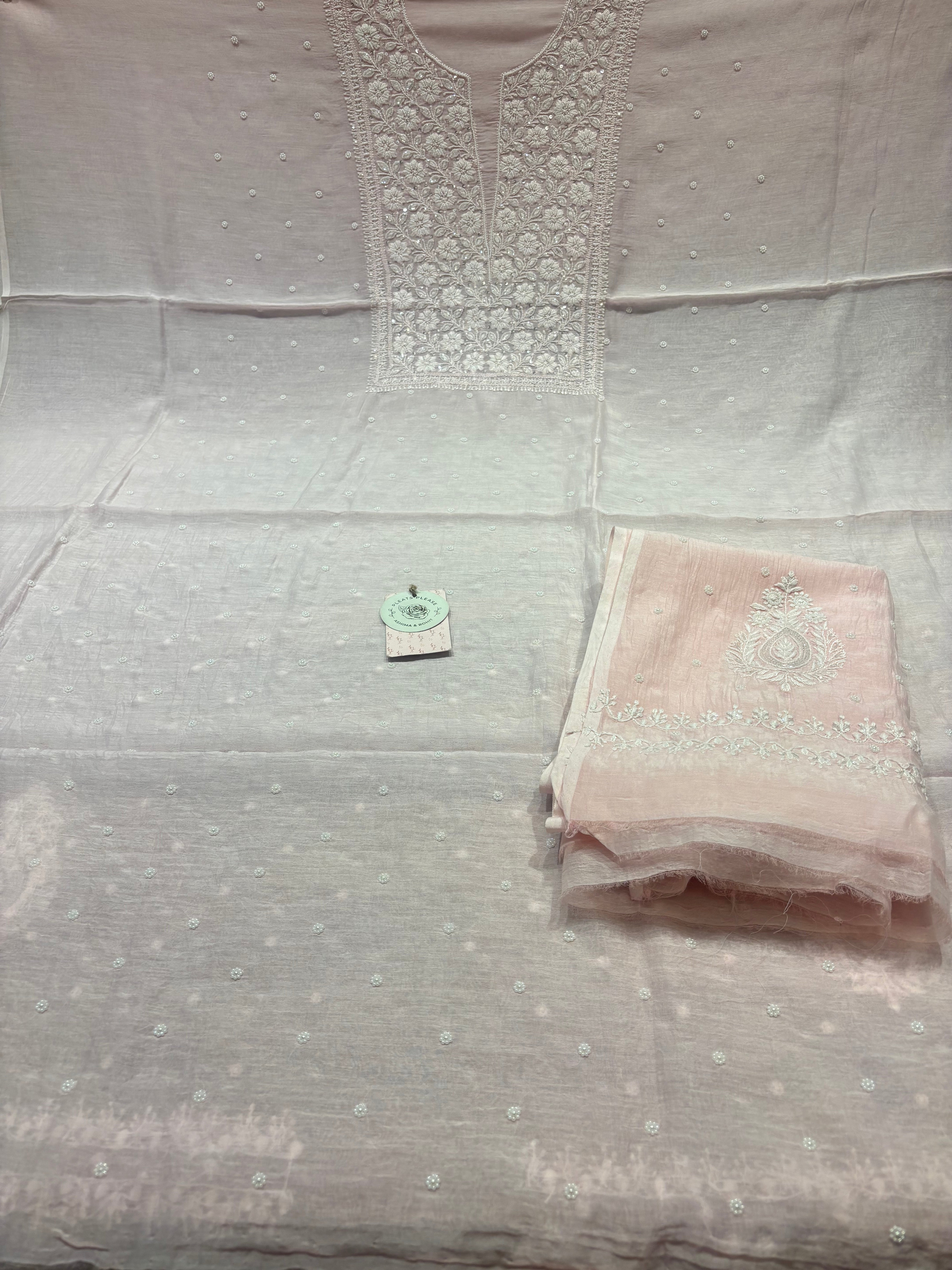 Soft Pink Chanderi Mul Chikankari Kurta & Dupatta Fabric