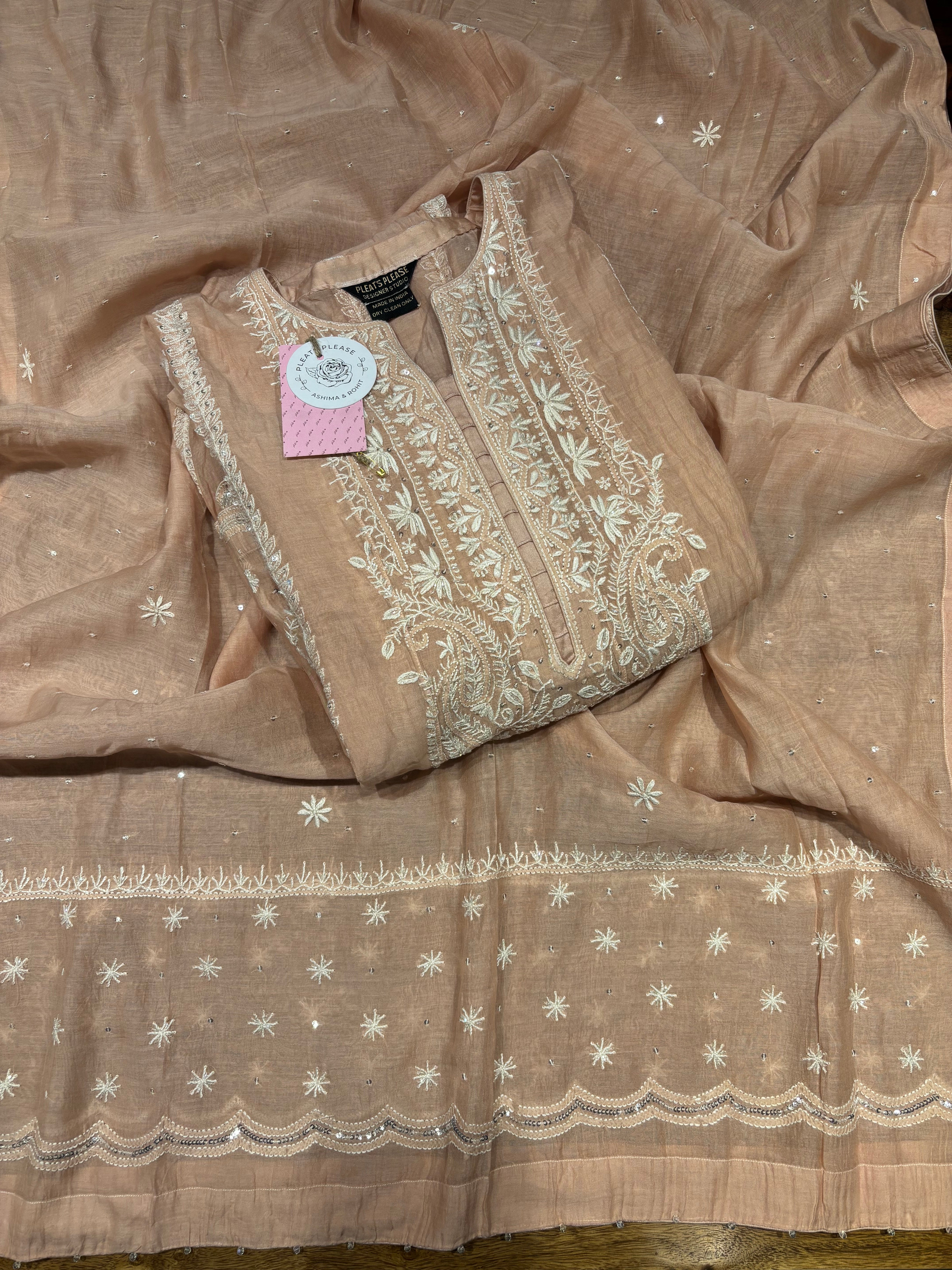 Peach Chanderi Mul Chikankari Anarkali & Dupatta Set