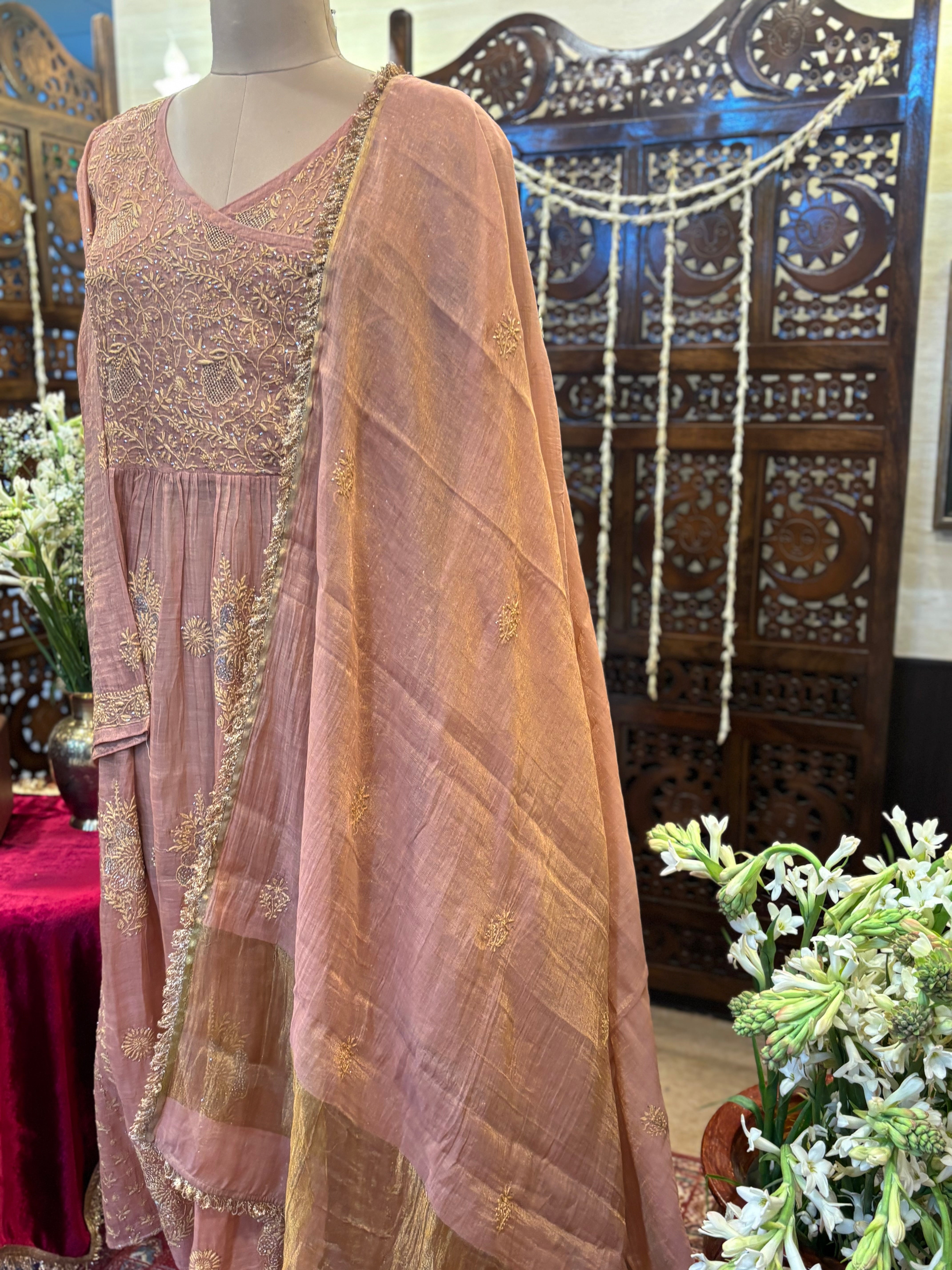 Rose Gold pure & Premium Tissue Chikankari & Mukaish Angrakha Kurta and Dupatta Set