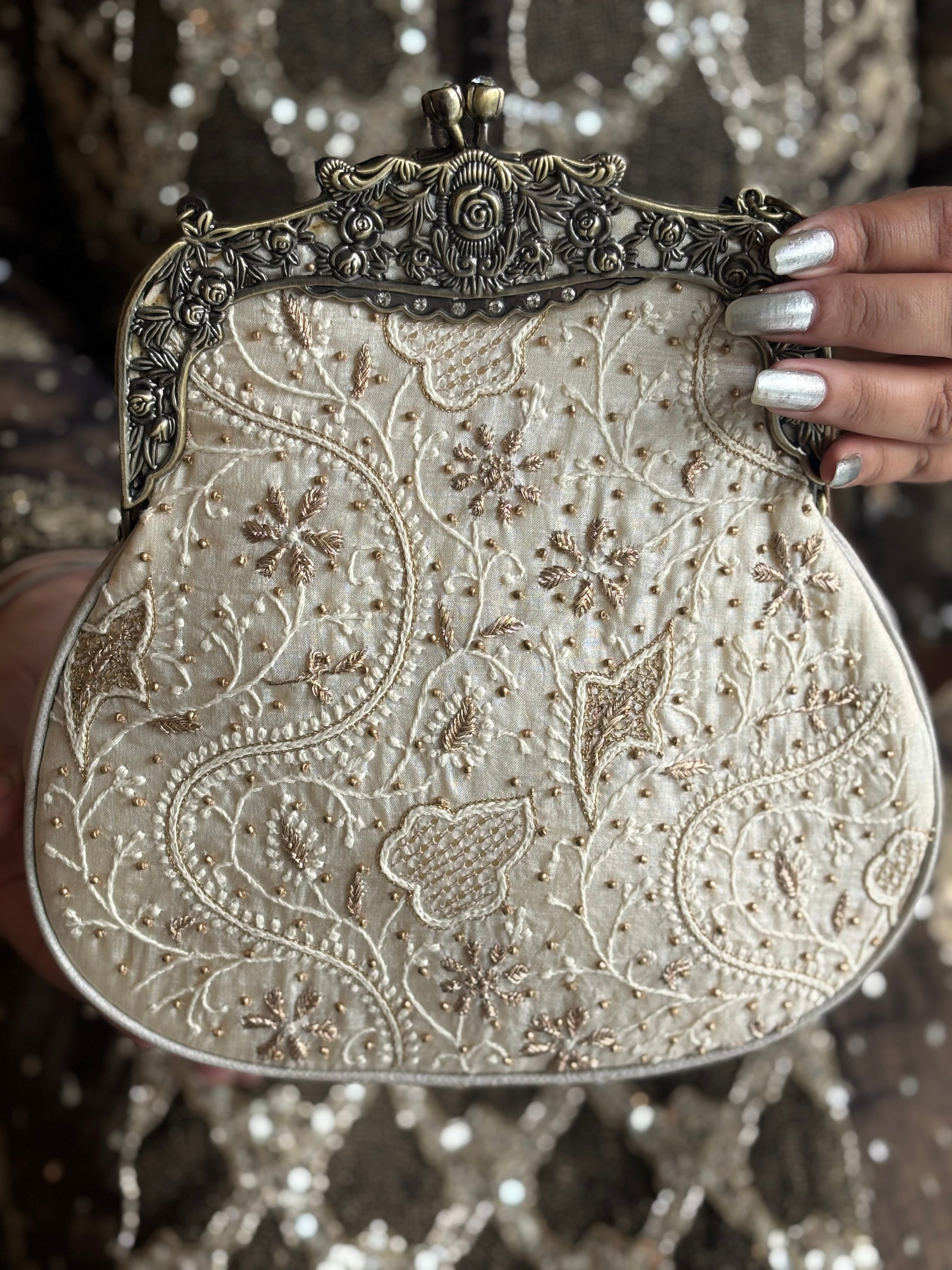 Ivory Silk Chikankari Clutch