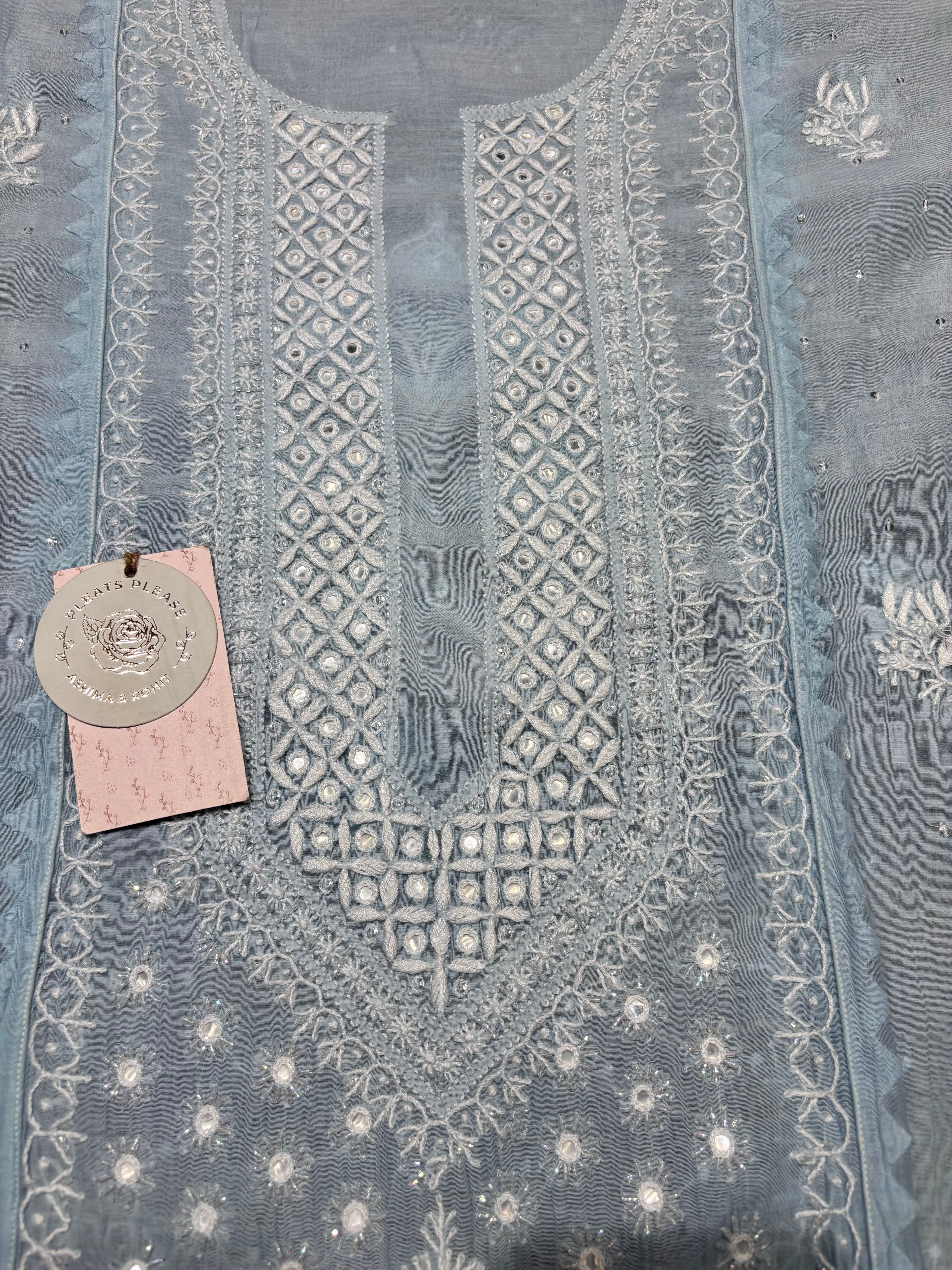 Powder blue chanderi Mul Chikankari kurta and Dupatta Set