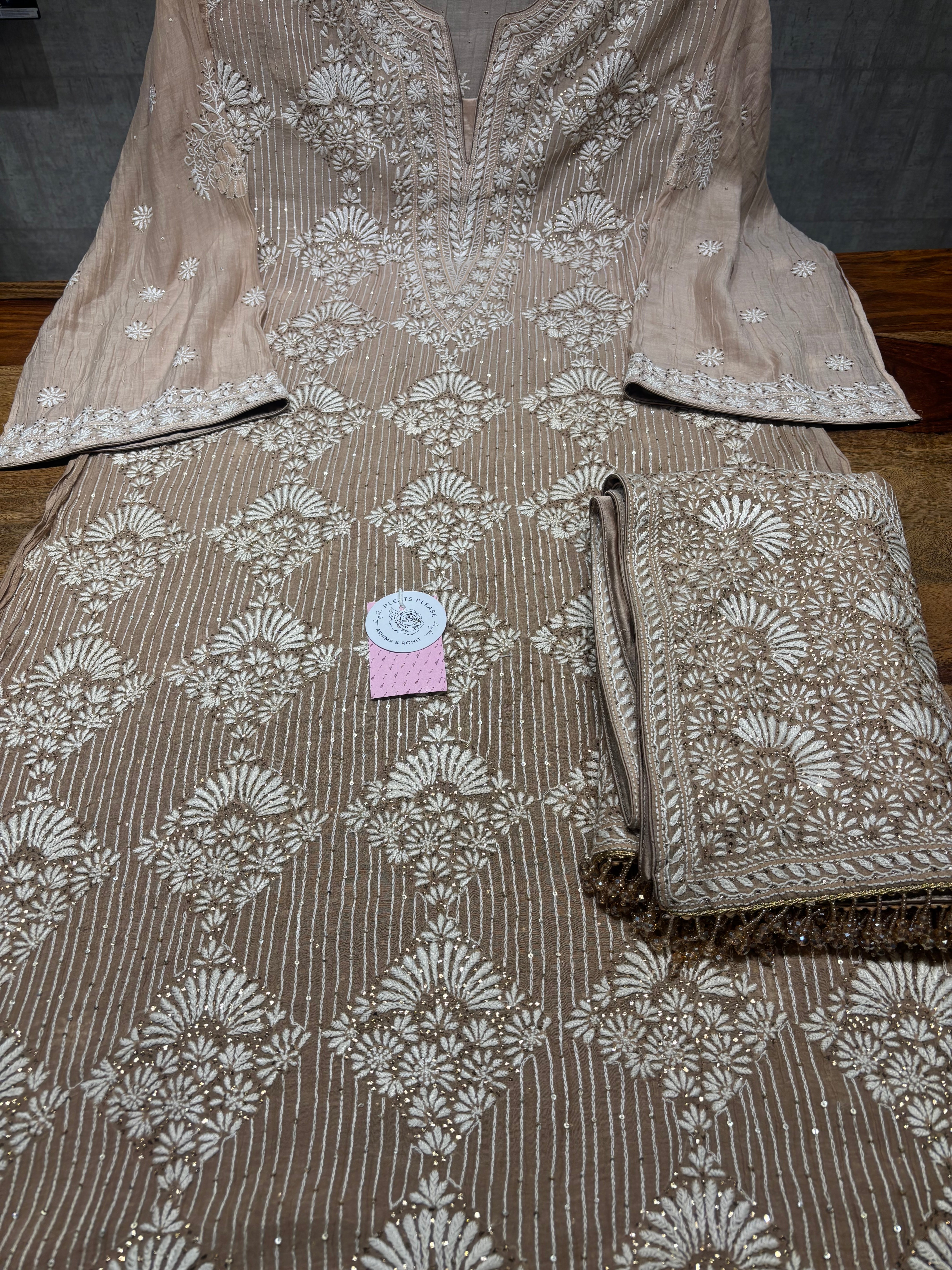 Brown Ombre Chanderi Mul Chikankari & Mukaish Kurta & Dupatta Set