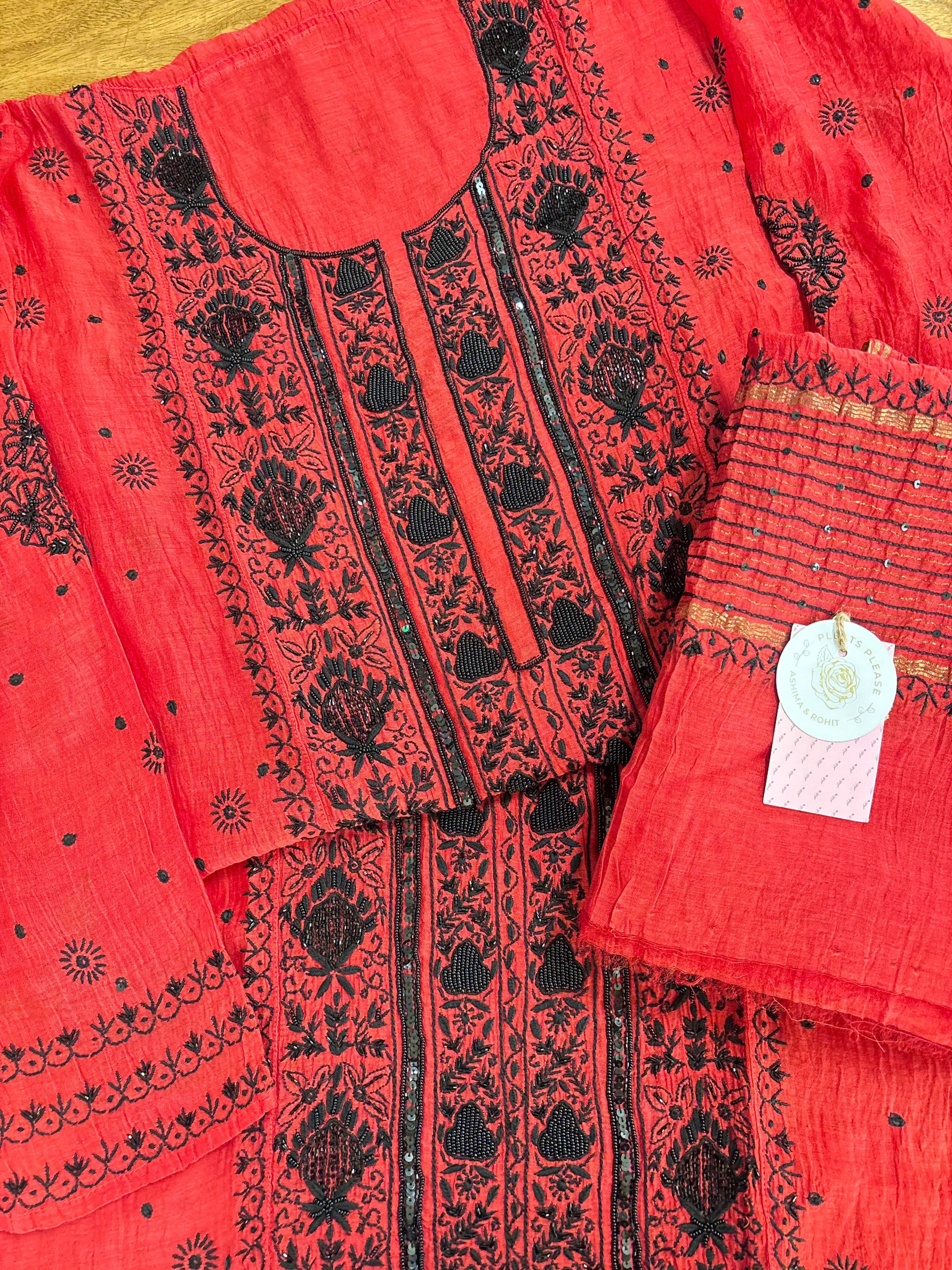 Red Chanderi Chikankari Kurta & Dupatta