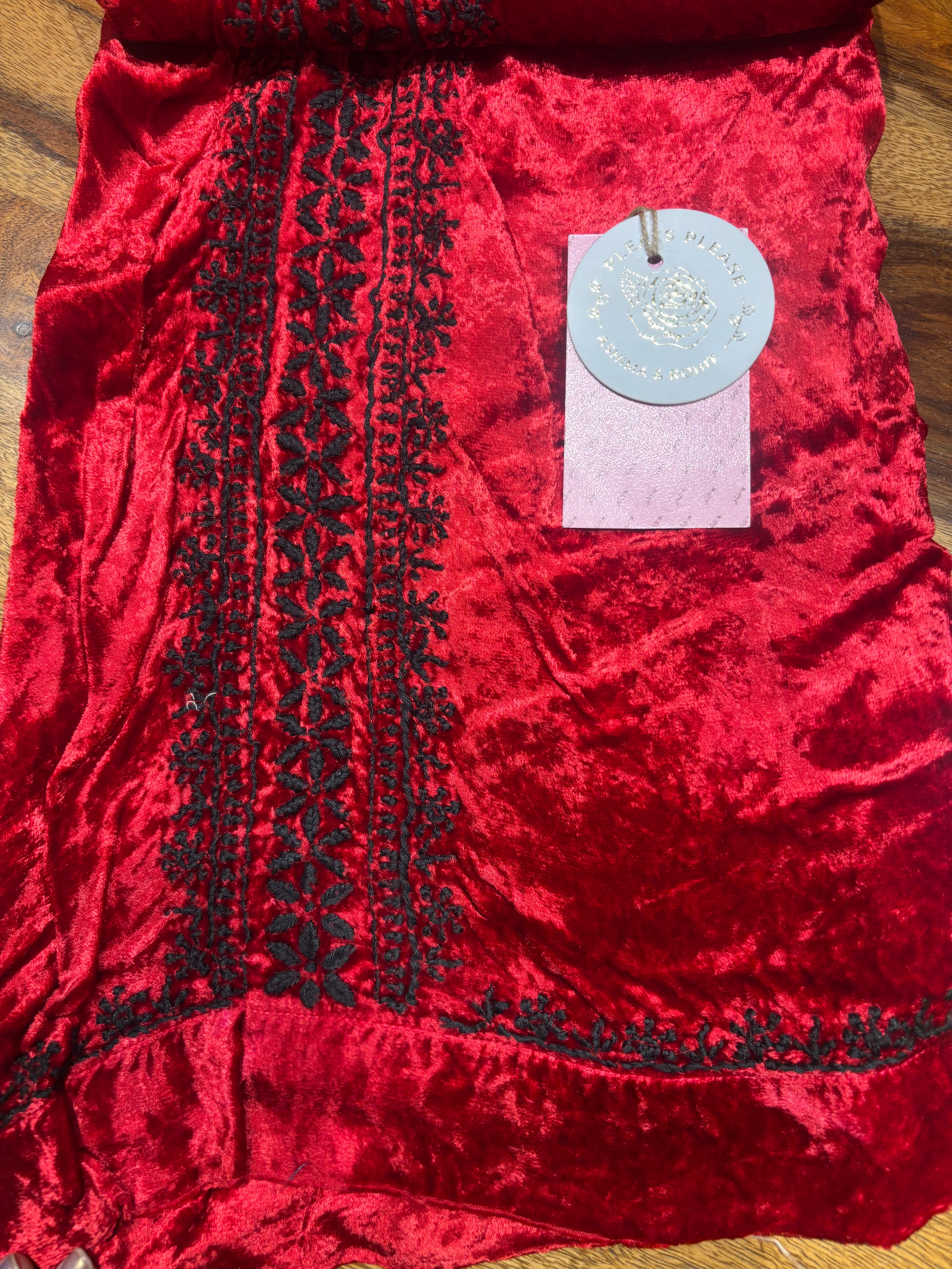Red Pure & Premium Velvet Chikankari Co-ord Set