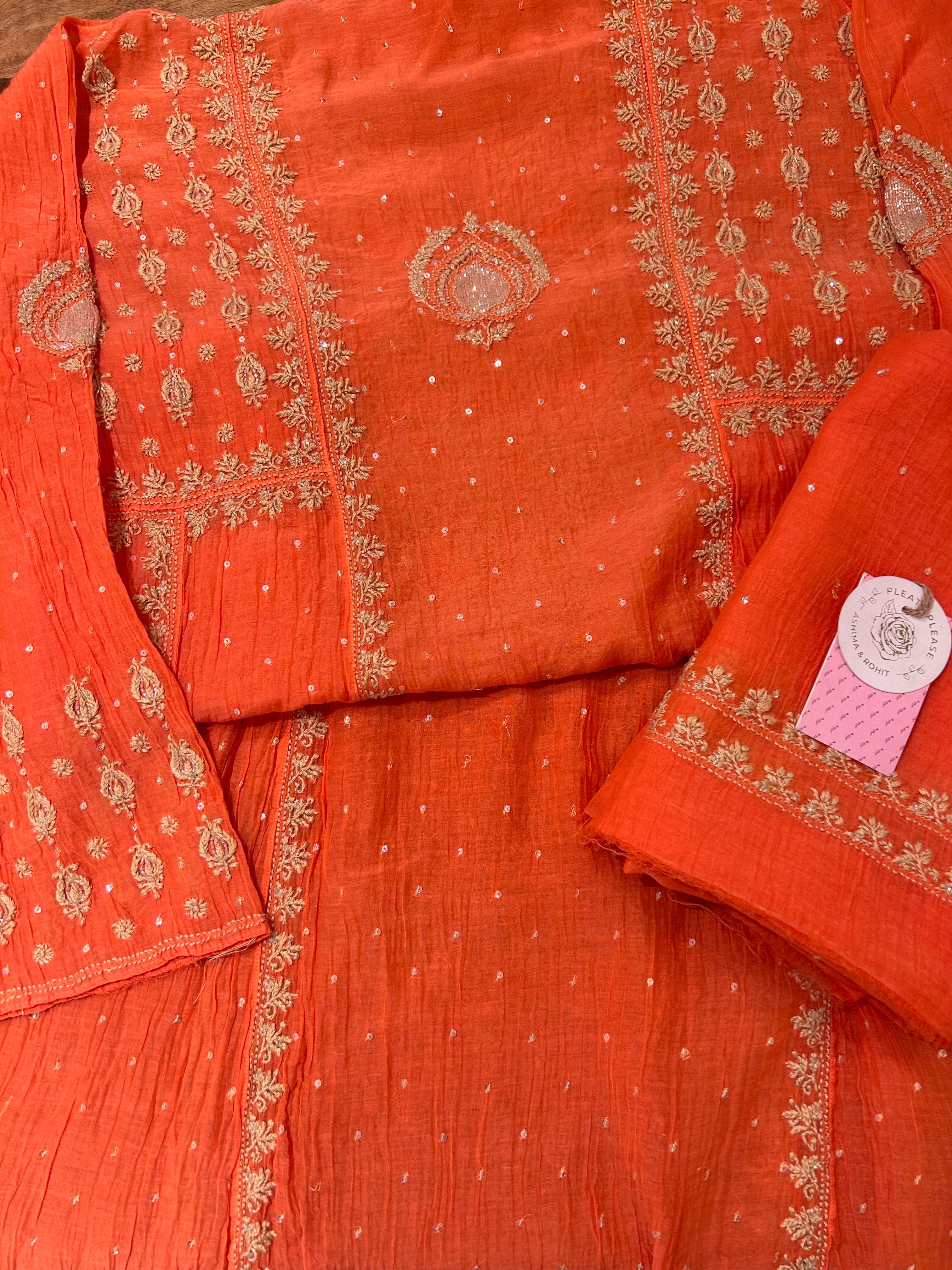 Coral peach Chanderi Chikankari A-line Kurta & Dupatta