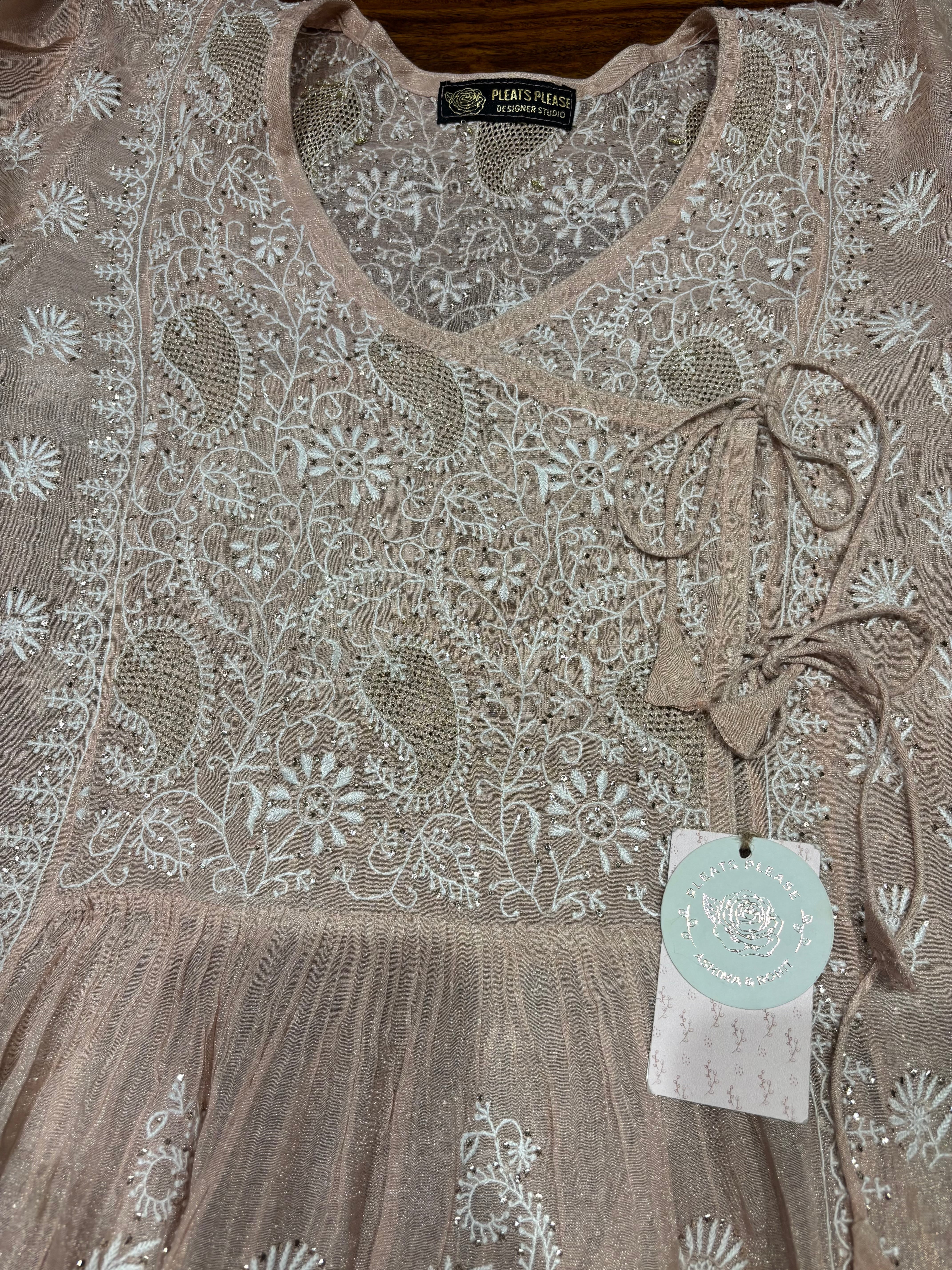 Peach Pure & Premium Tissue Chikankari Angrakha Kurta & Dupatta Set