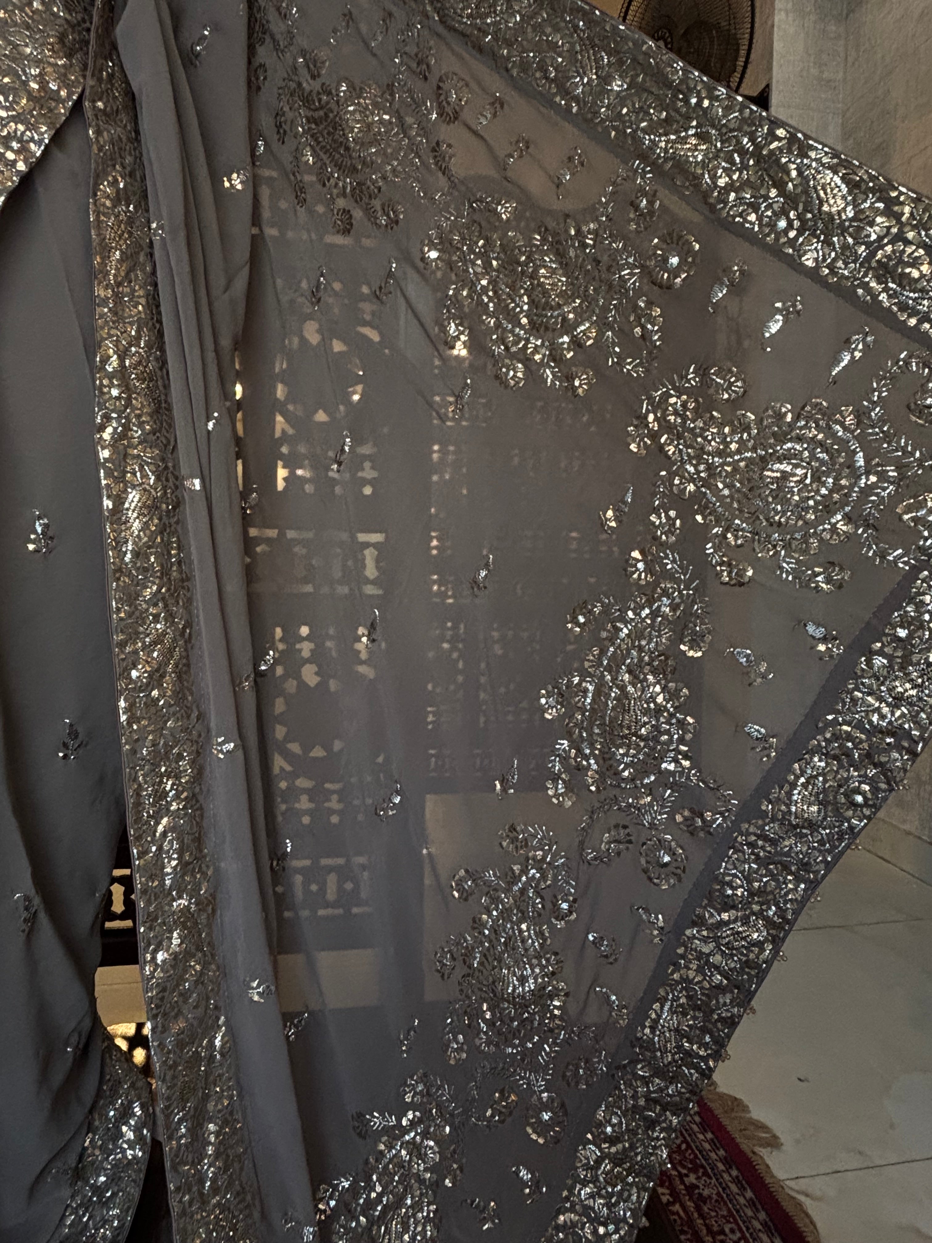Ash brown Pure & Premium Georgette Badla Mukaish Saree & Blouse - Pleats PleaseChikankari