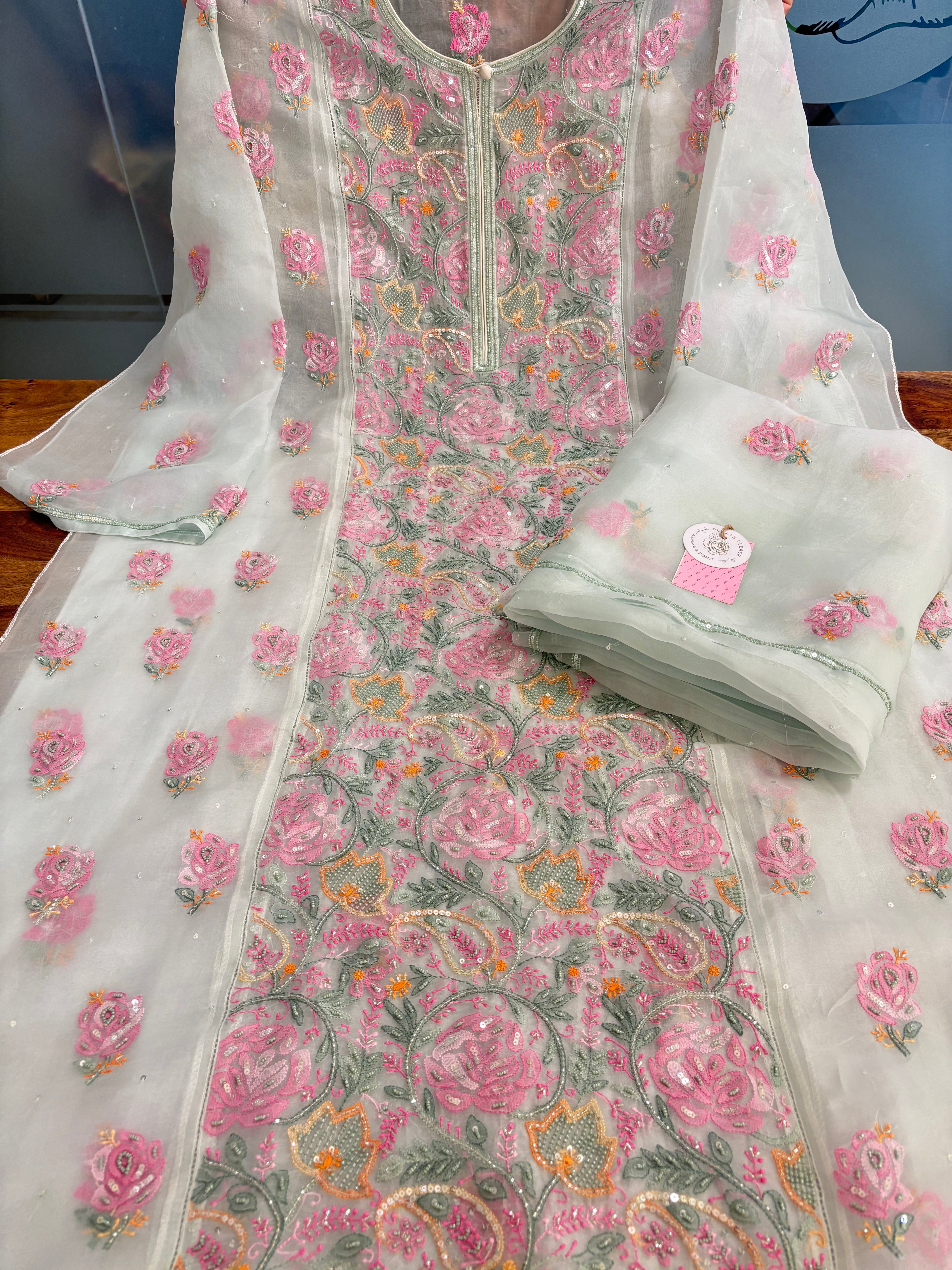 Ice Green Pure Organza Chikankari Kurta & Dupatta