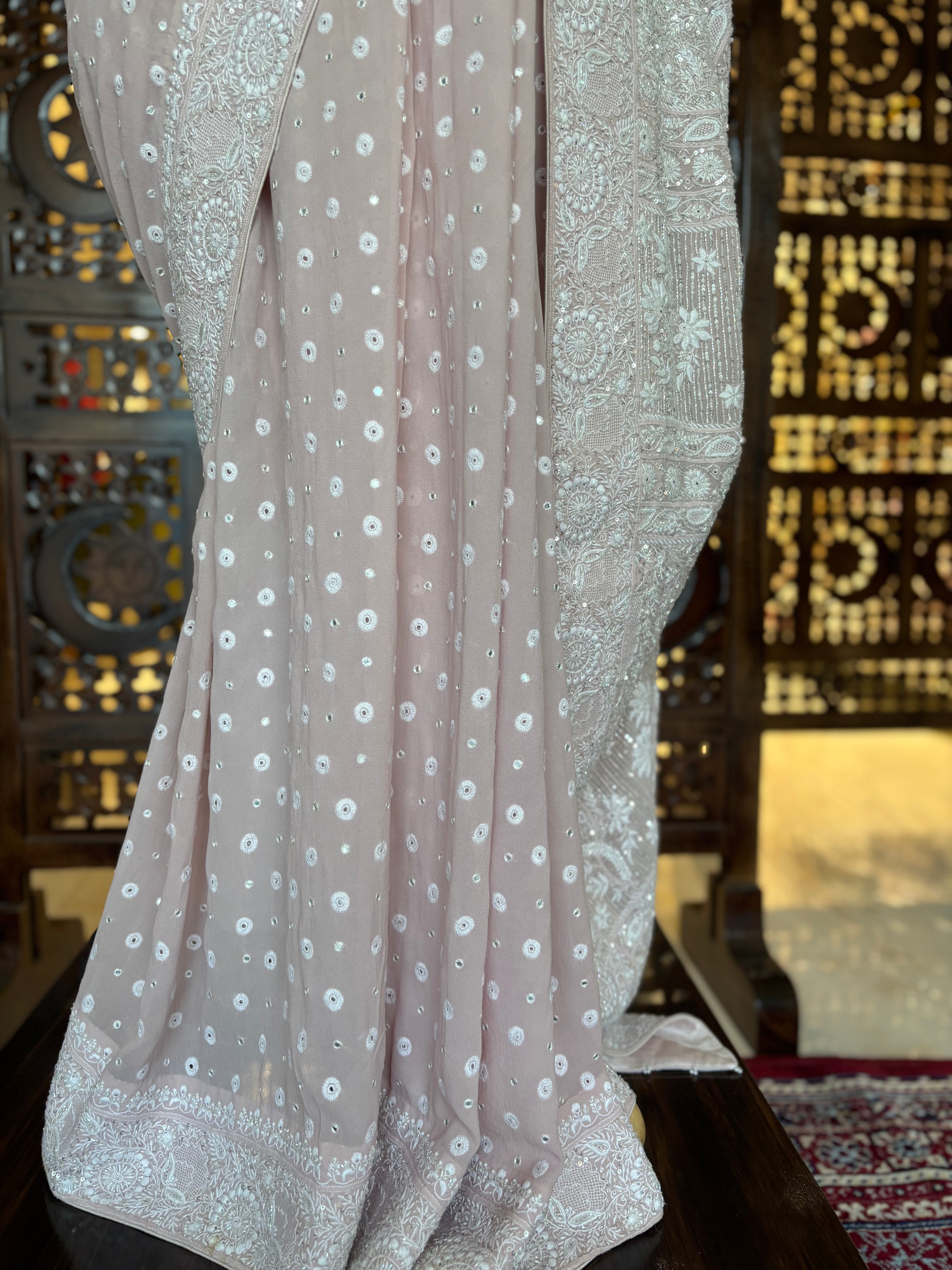 Lilac pure and premium Georgette Saree and Blouse - Pleats PleaseChikankari