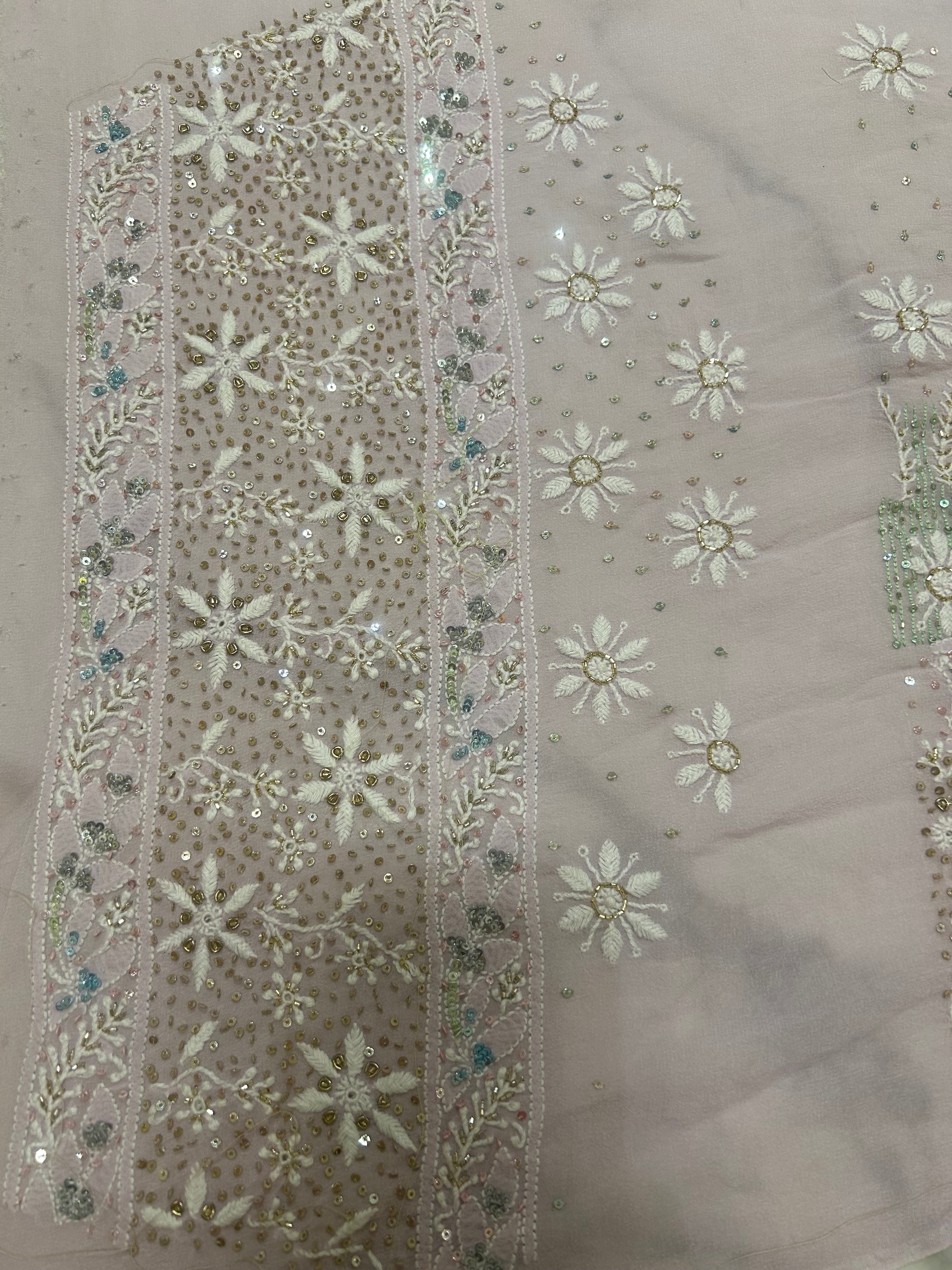Lilac Pure Georgette Chikankari Saree and Blouse