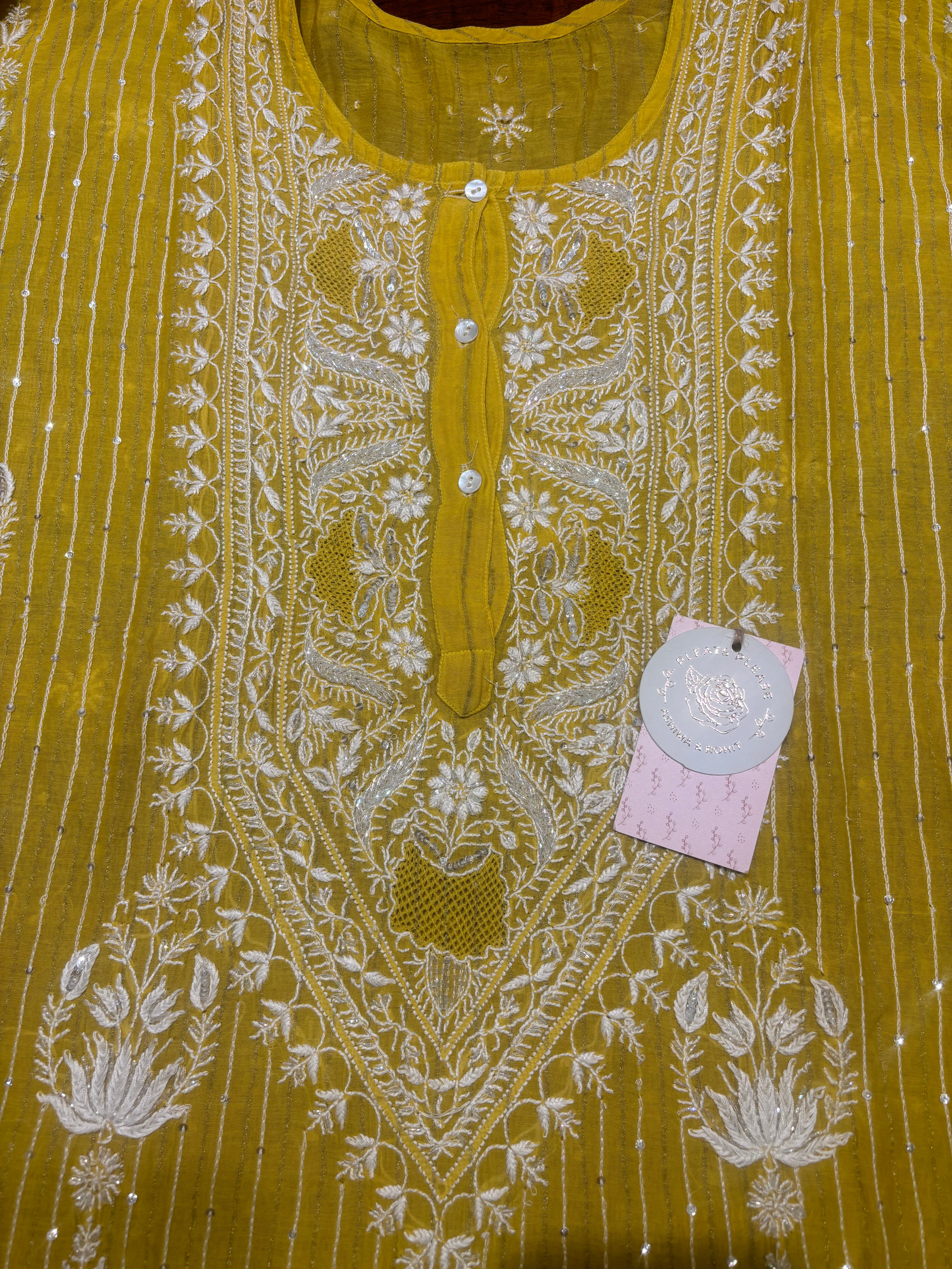 Mustard Chanderi Mul Chikankari Kurta & Dupatta Set