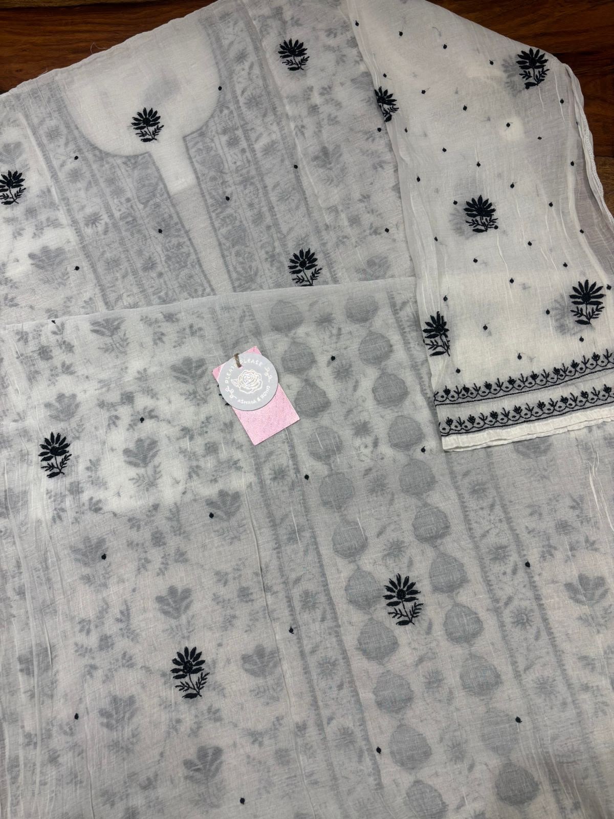Dyeable Black & white Chanderi Chikankari kurta & Dupatta