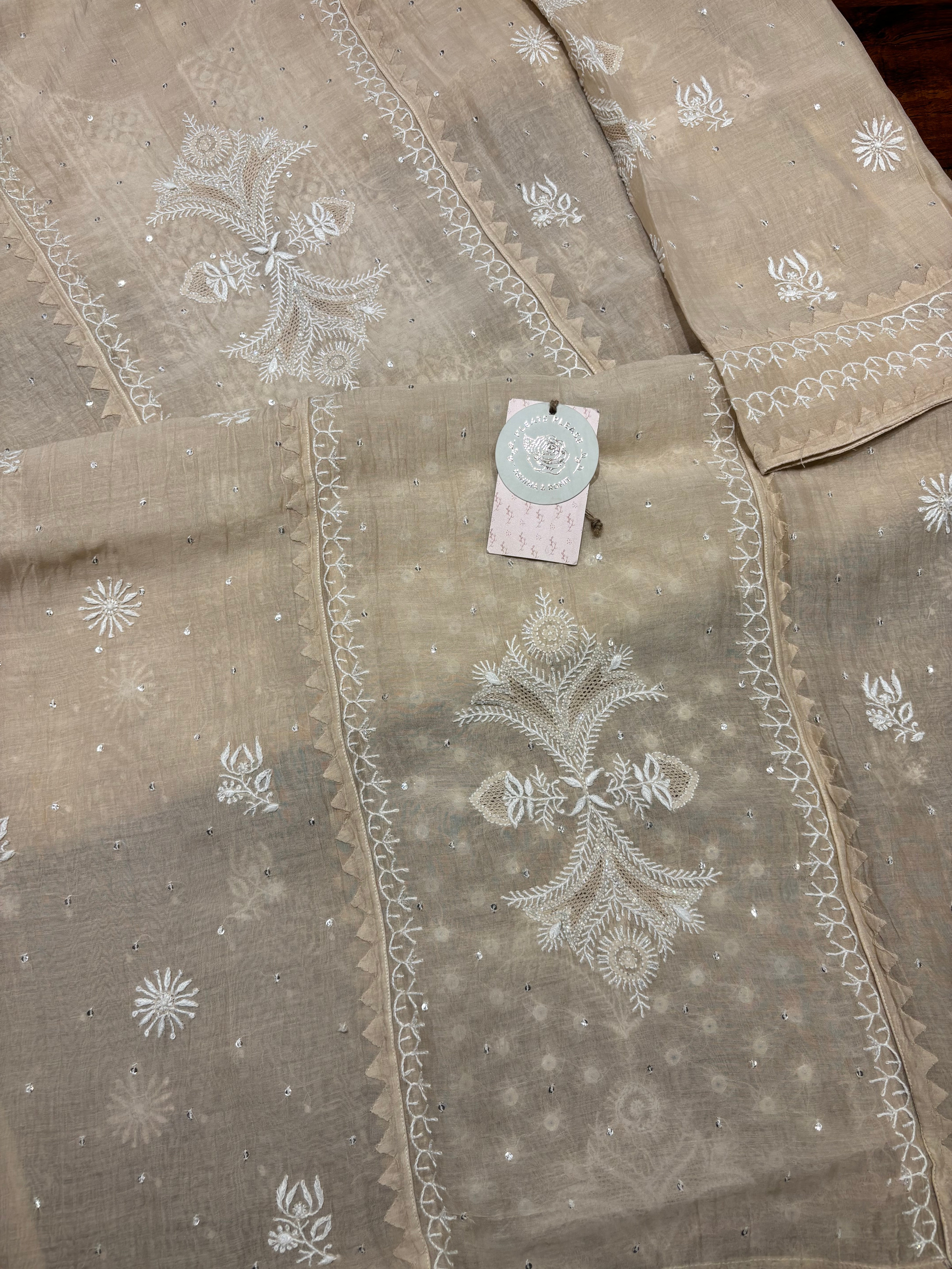 Coffee Cream Chanderi Mul Chikankari Kurta and Dupatta Set