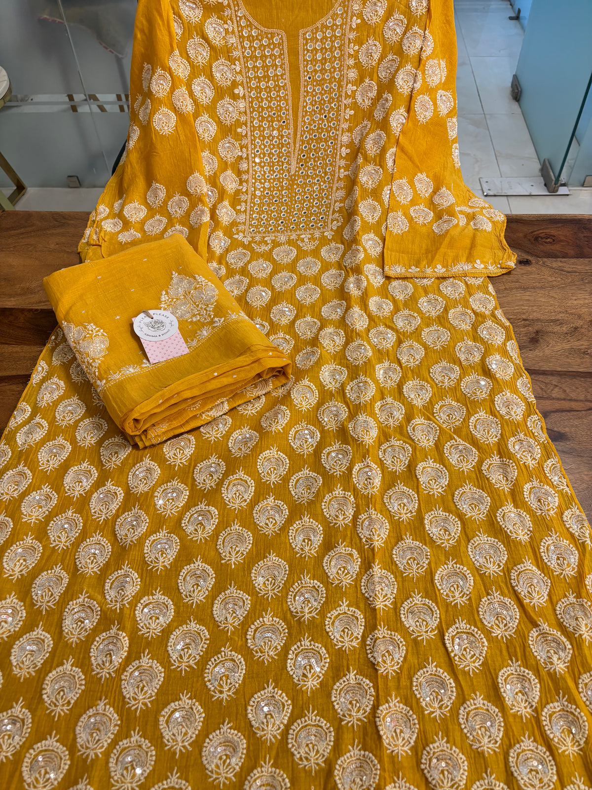 Mustard Yellow Chanderi Mul Chikankari Kurta & Dupatta