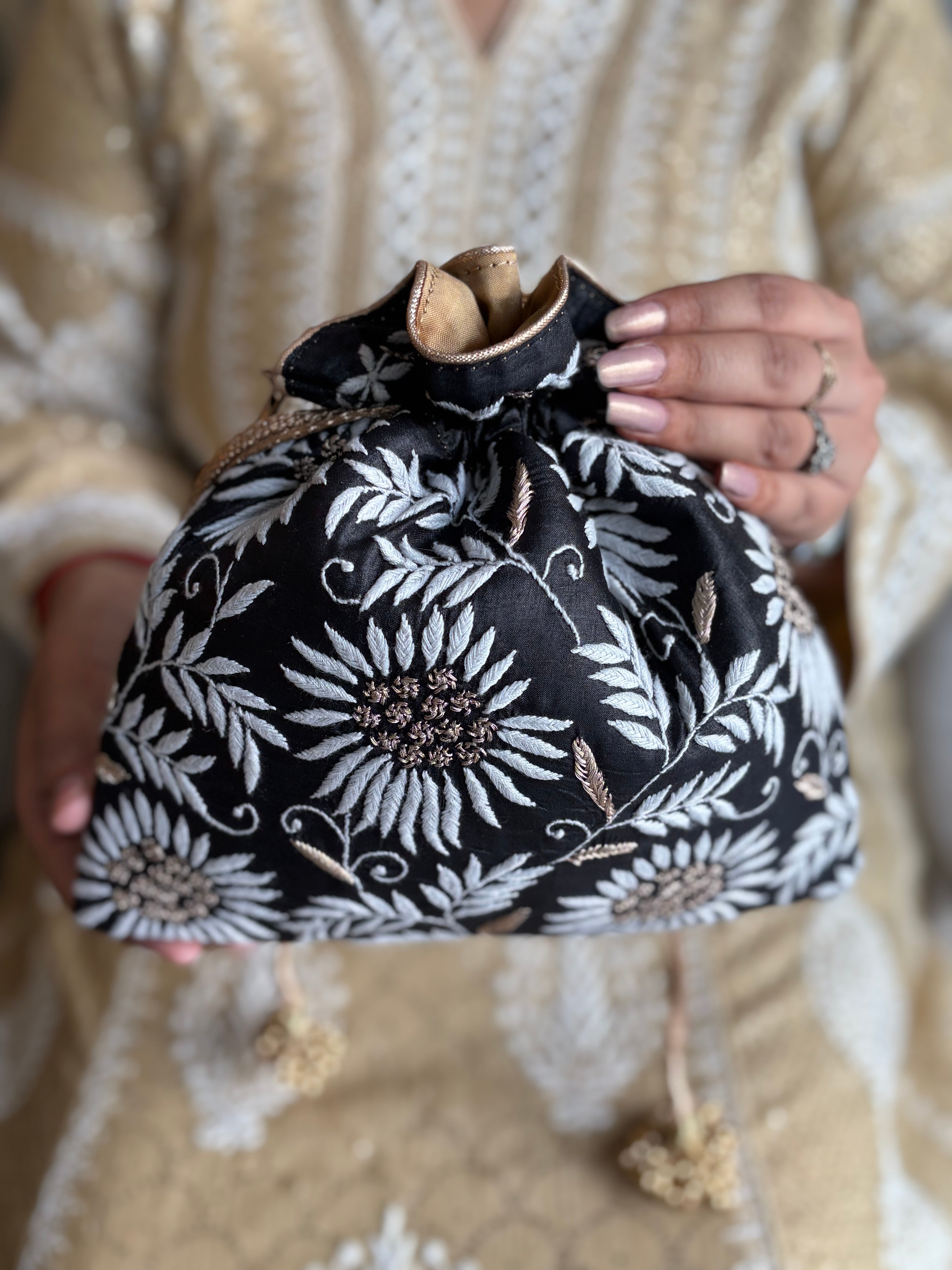 Black Silk Chikankari Potli
