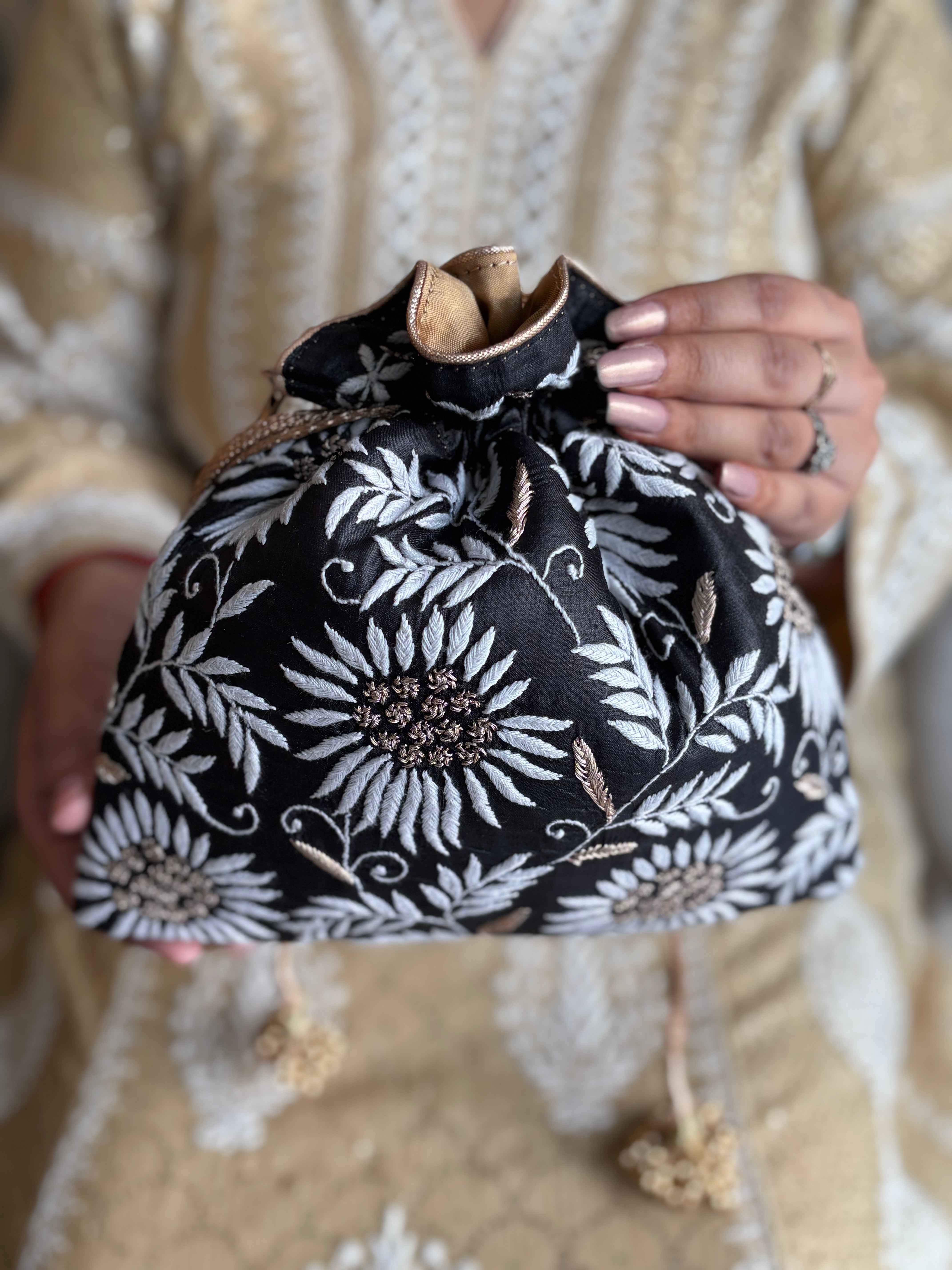 Black Chikankari Potli - Pleats PleaseChikankari