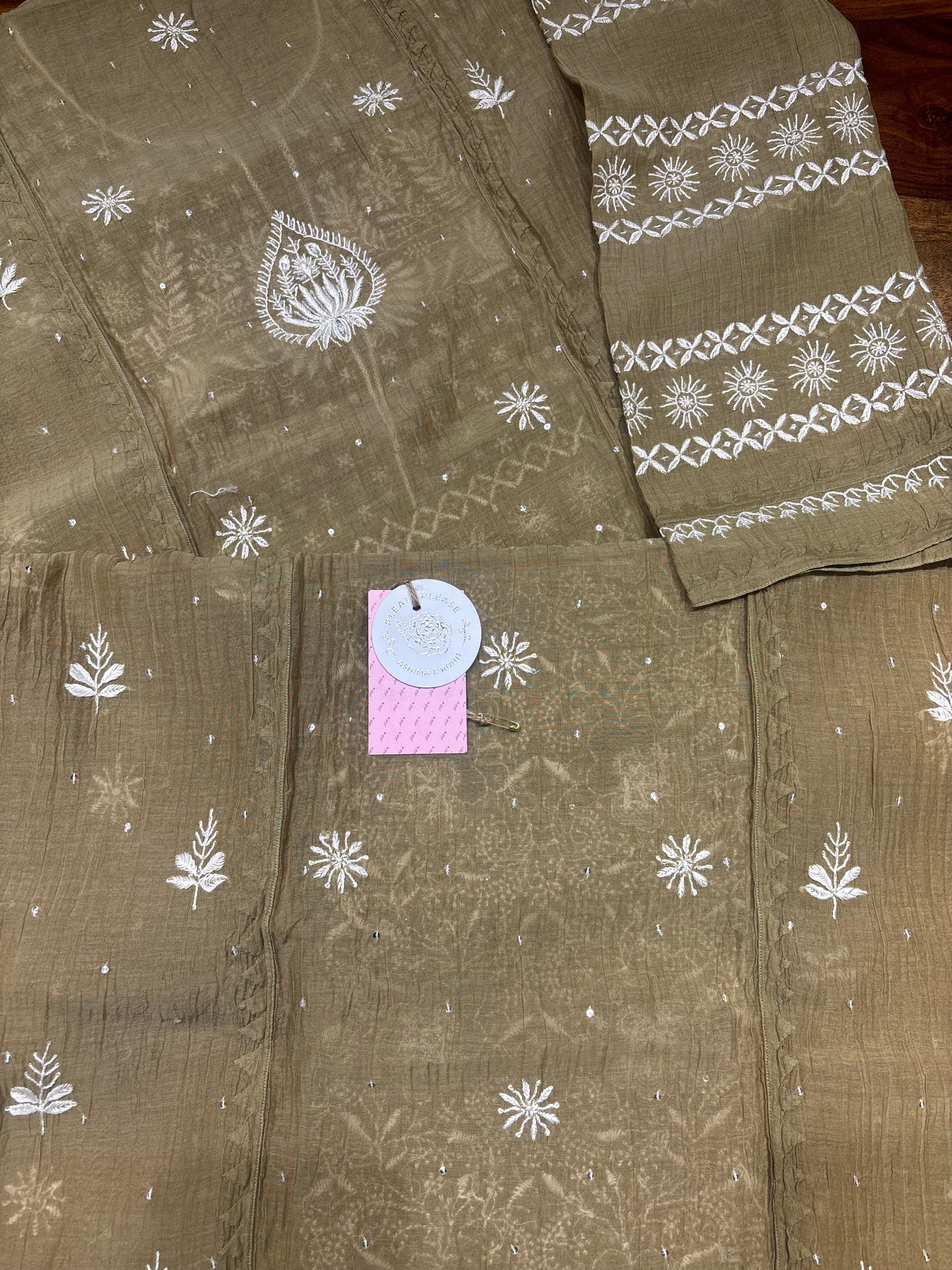 Military Green Chanderi Mul Chikankari Kurta and Dupatta Set