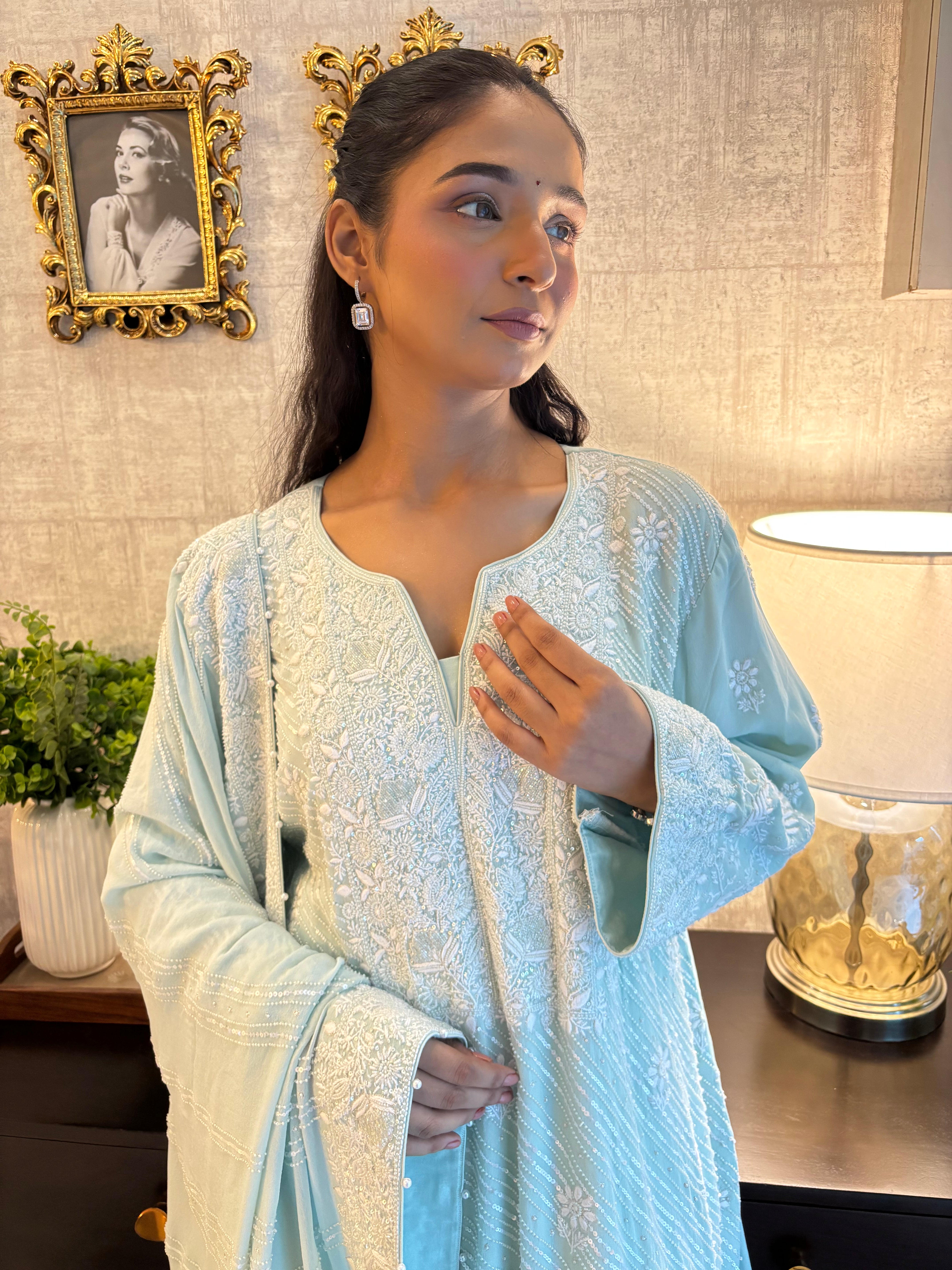 Ice Blue Pure & Premium Georgette Kurta, Sharara & Dupatta Set