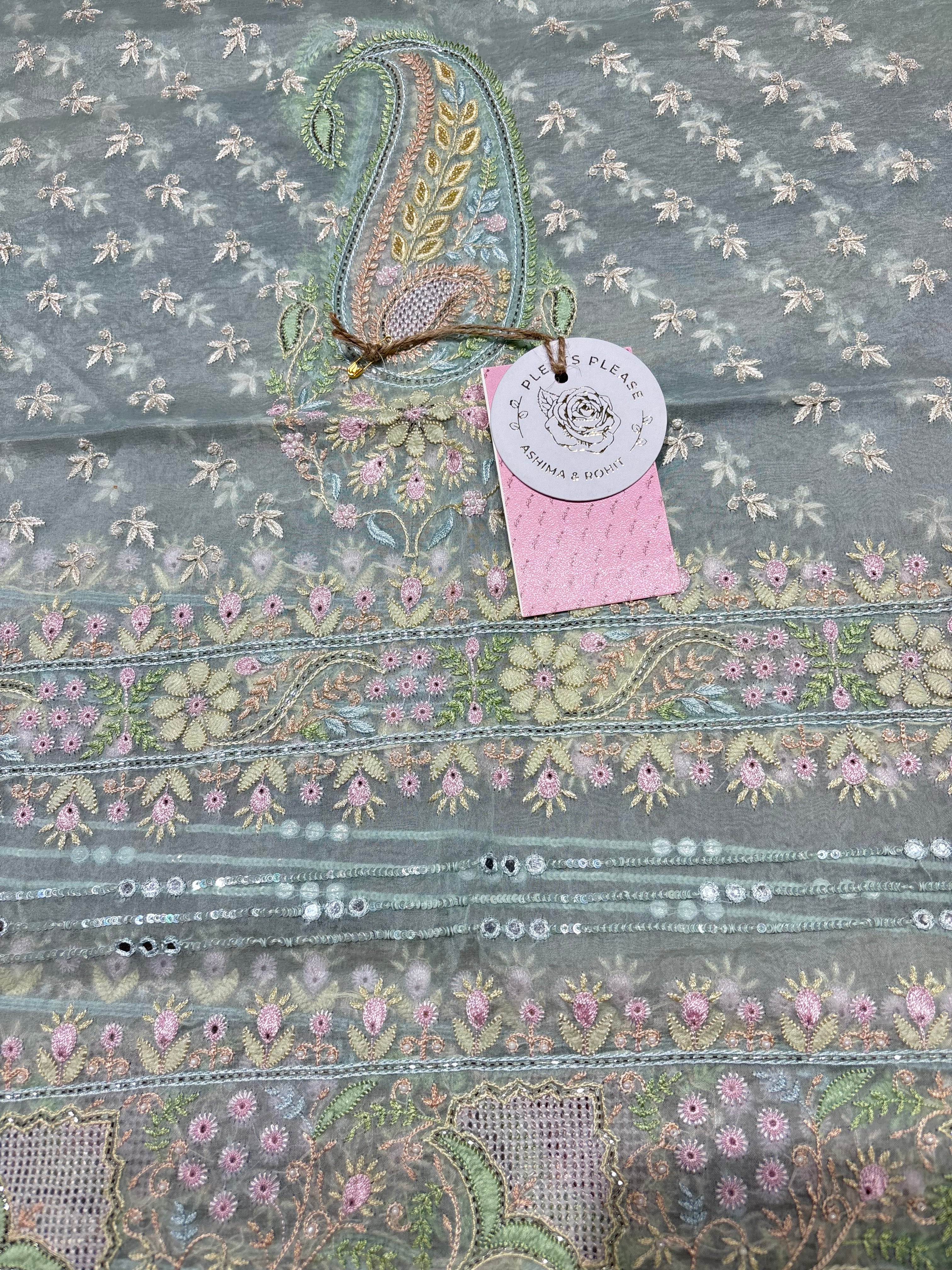 Sea Foam Pure & Premium Organza Silk Chikankari Kurta & Dupatta Fabric