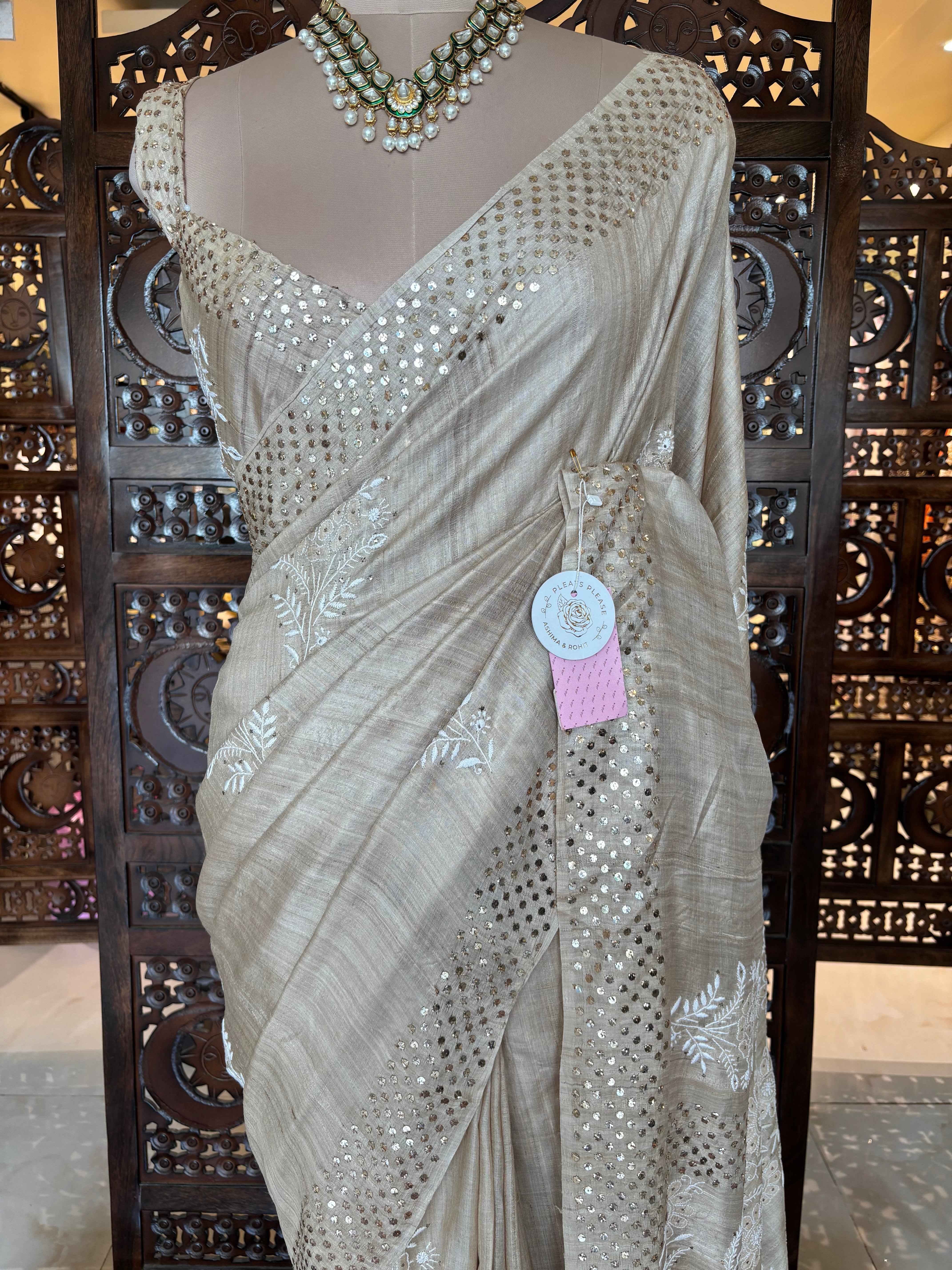 Natural Tussar Silk Chikankari Mukaish Saree