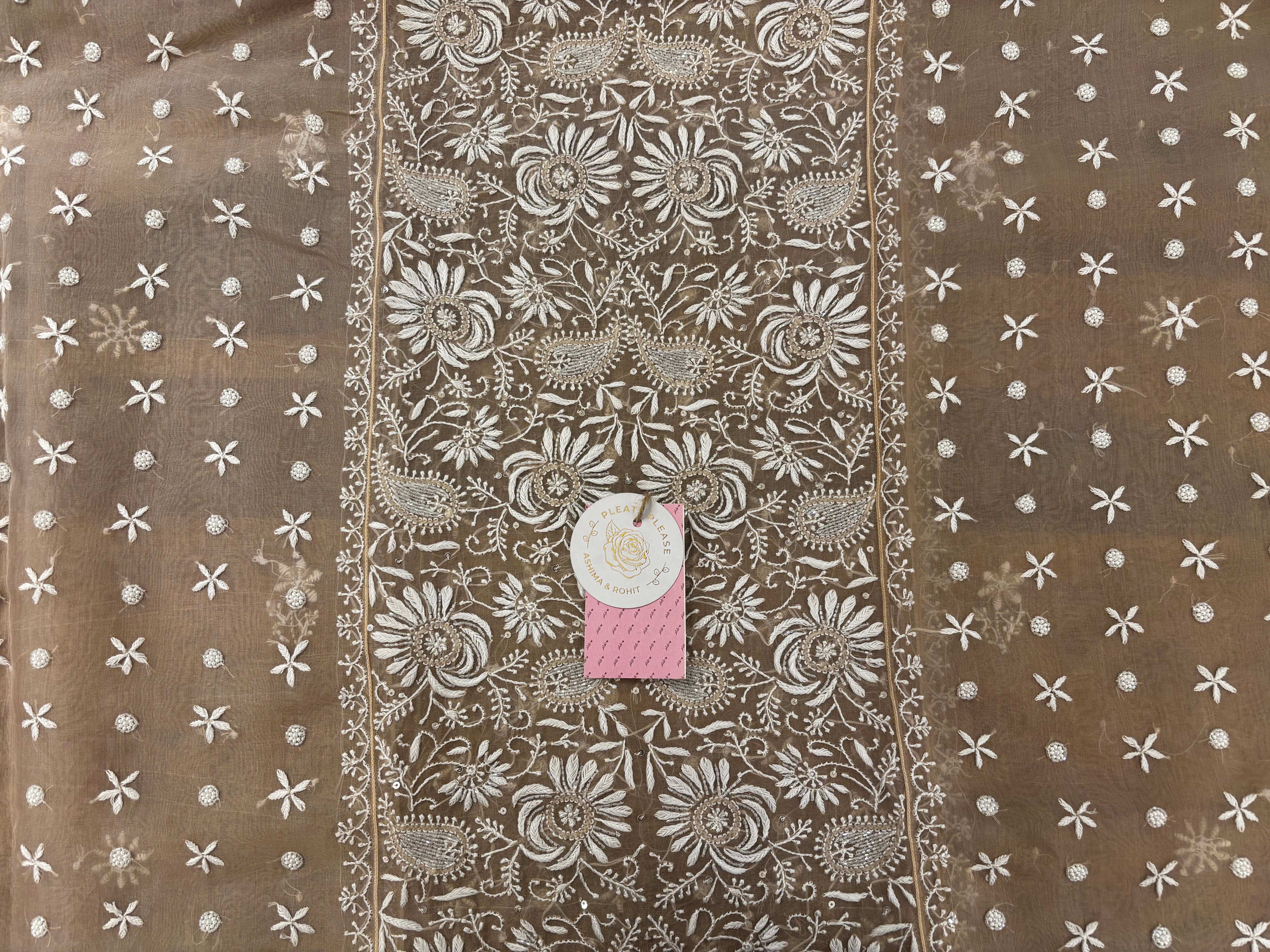 Mocha Brown Pure Organza Chikankari Kurta & Dupatta - Pleats PleaseChikankari