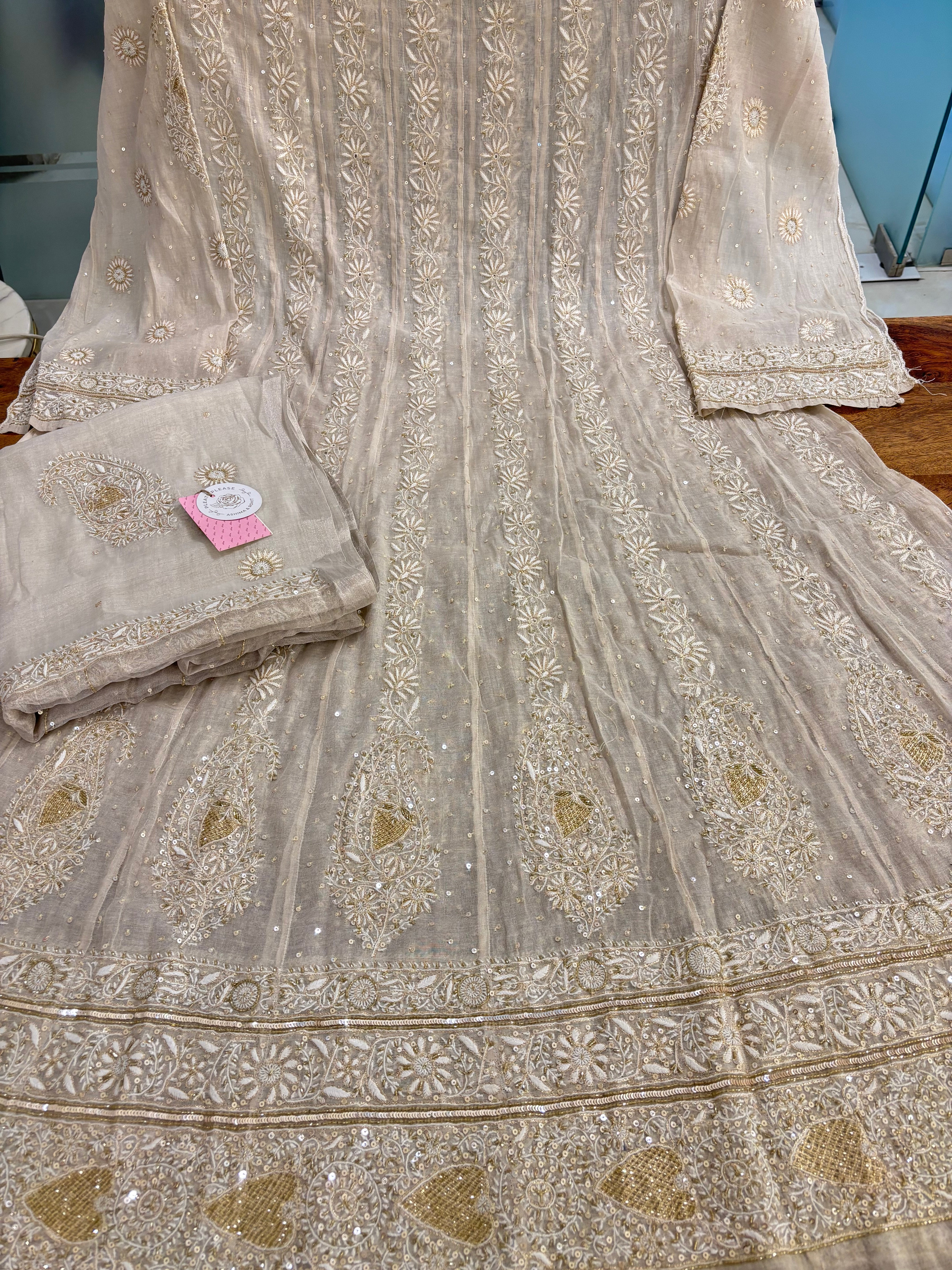Dyeable Pure & Premium Silver Tissue Chikankari Anarkali & Dupatta