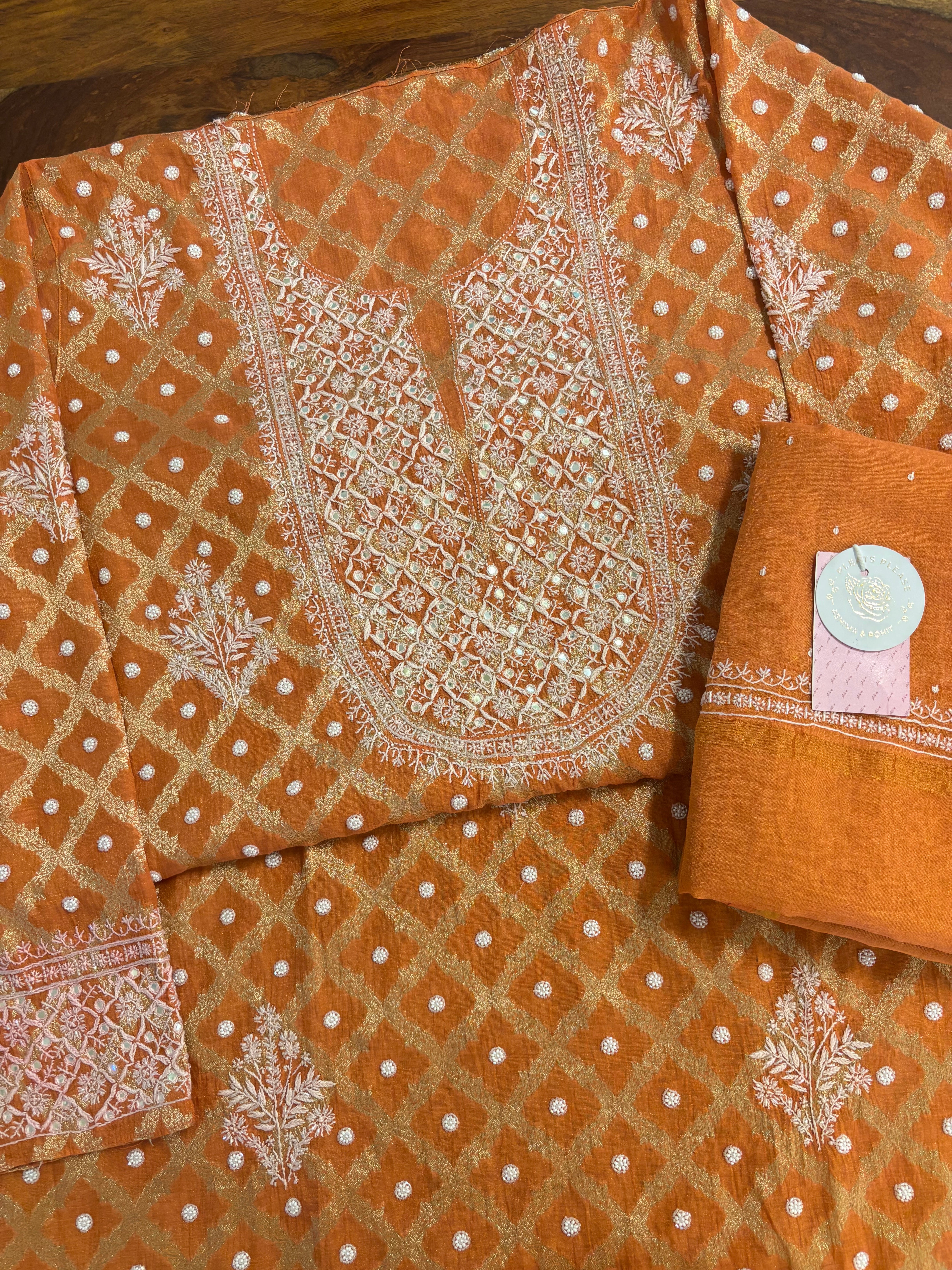 Burnt Orange Pure Tissue Chanderi Banarasi Silk Chikankari Kurta & Dupatta - Pleats PleaseChikankari