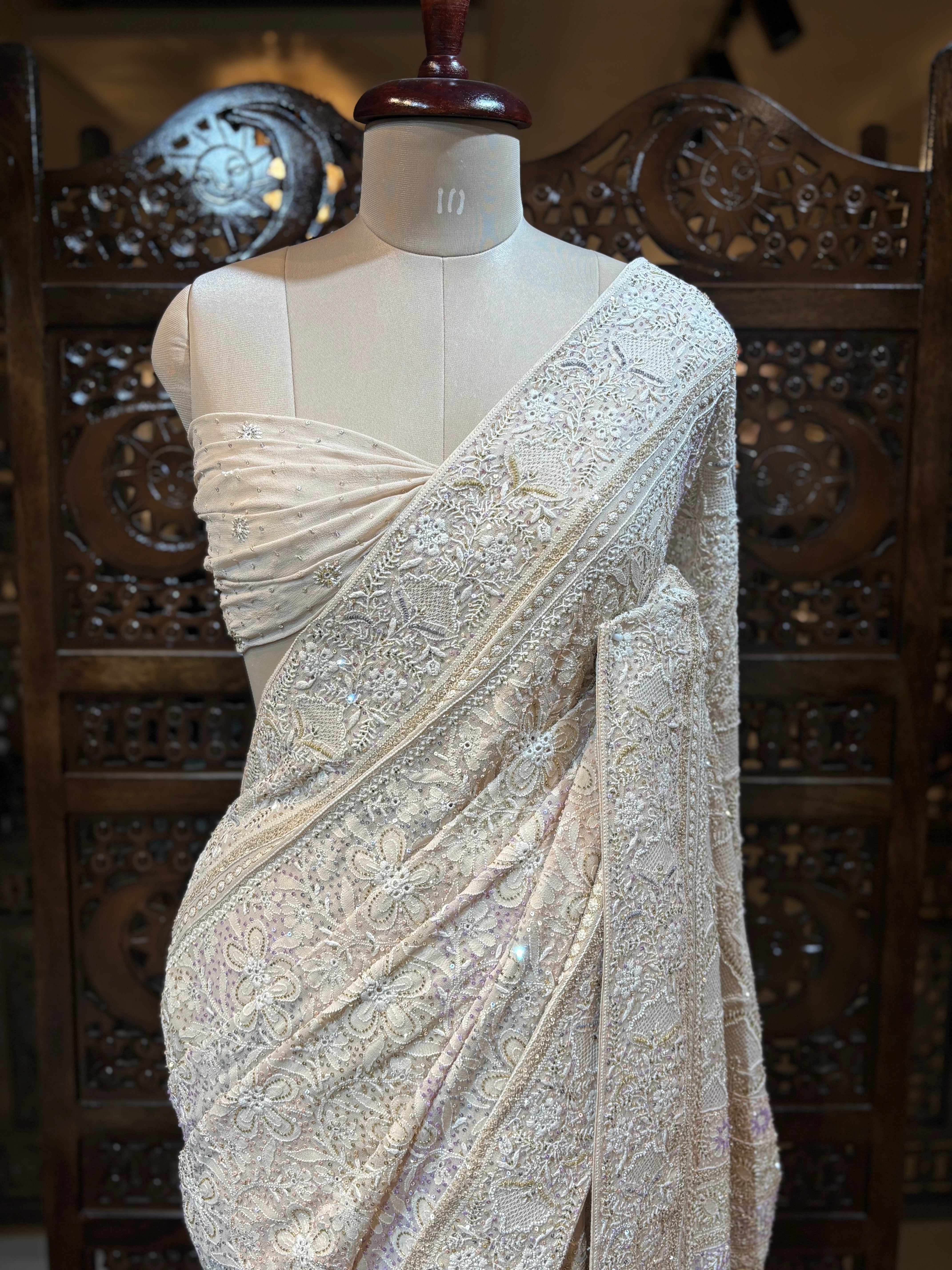 Coffee Cream Pure Georgette Chikankari Saree and Blouse - Pleats PleaseChikankari