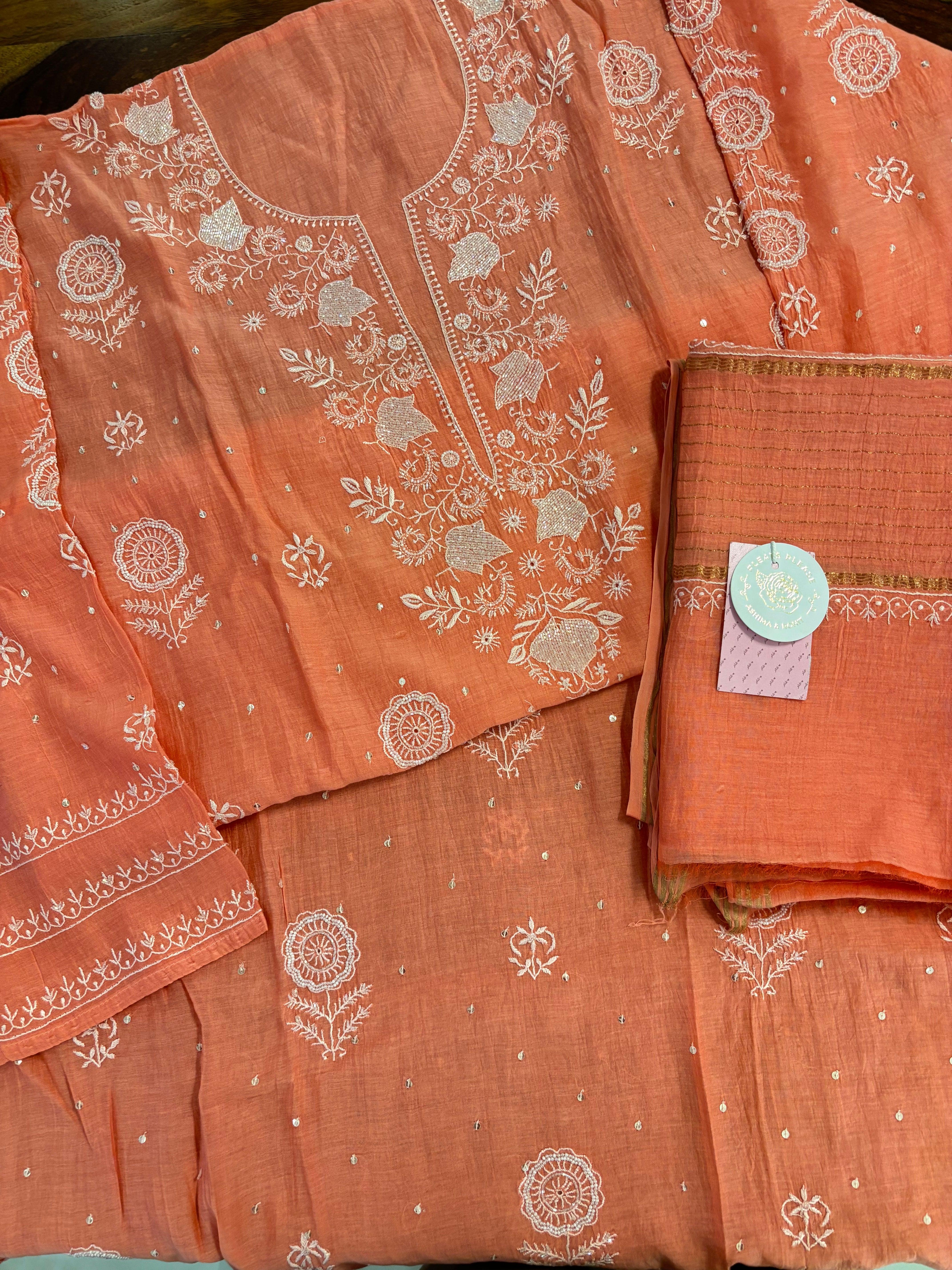 Coral Peach Chanderi Chikankari Kurta & Dupatta