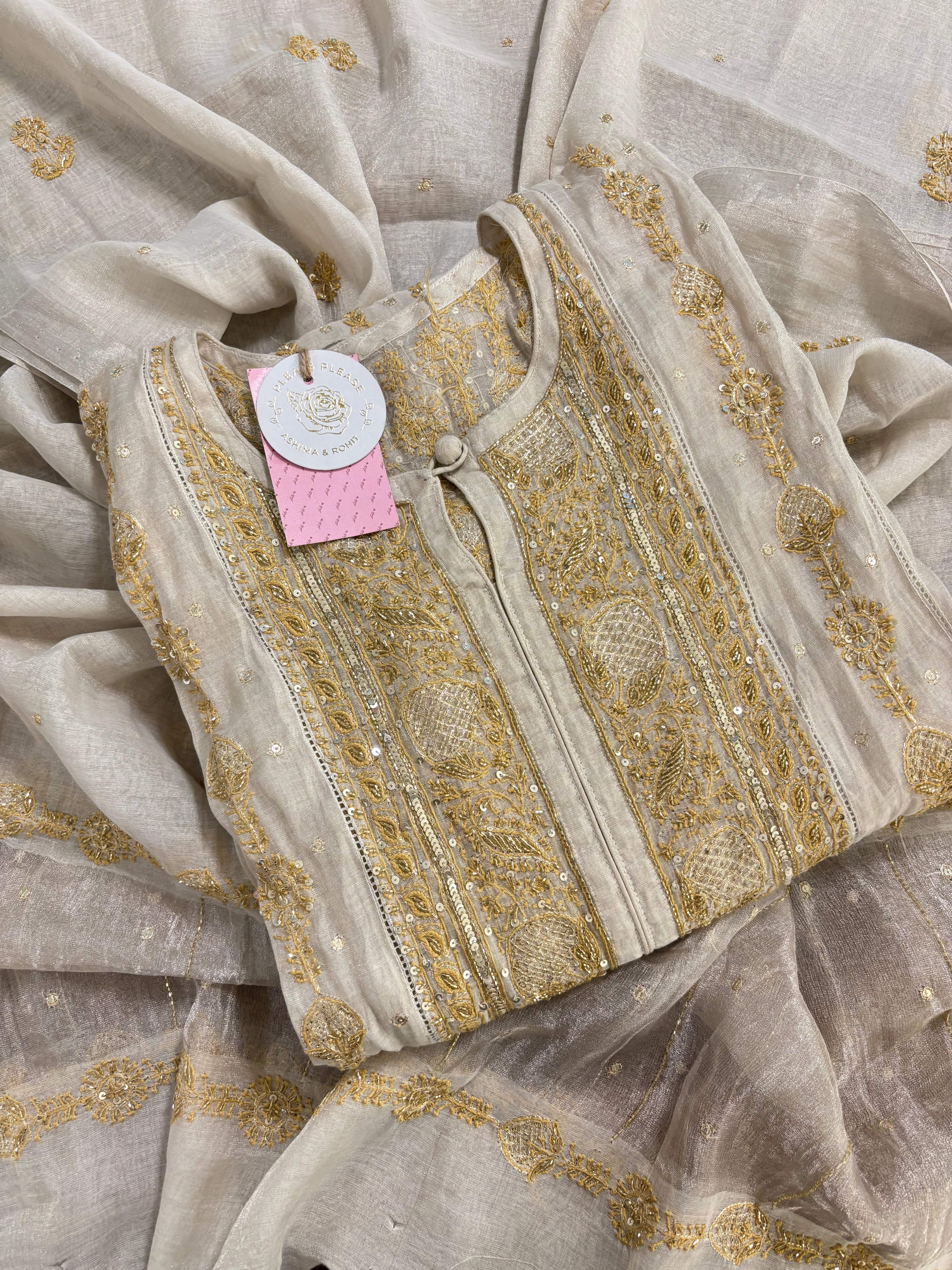 Dyeable Ivory Silver Pure & Premium Tissue Chikankari Kurta & Dupatta