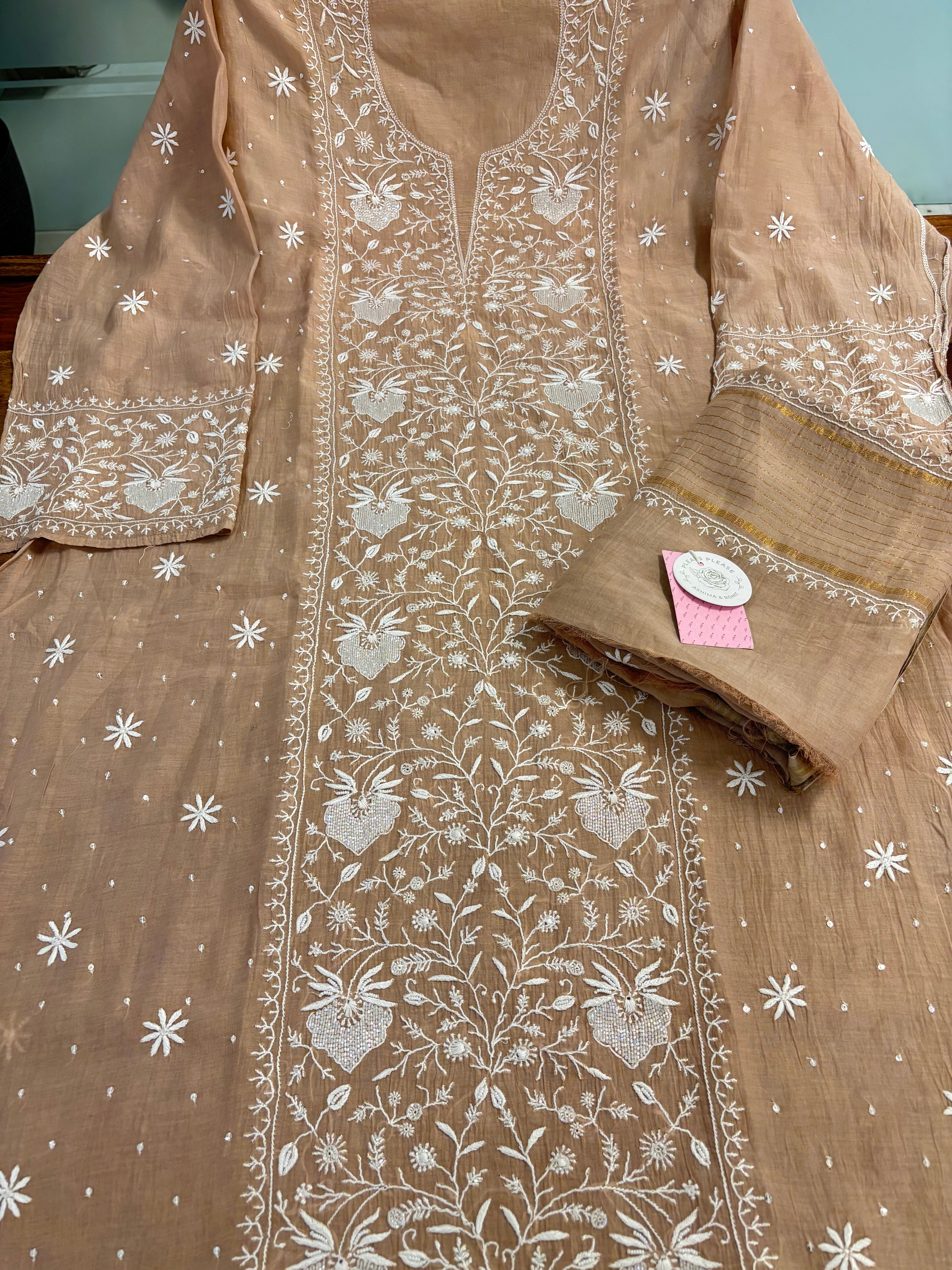 Nude Beige Chanderi Chikankari Kurta & Dupatta