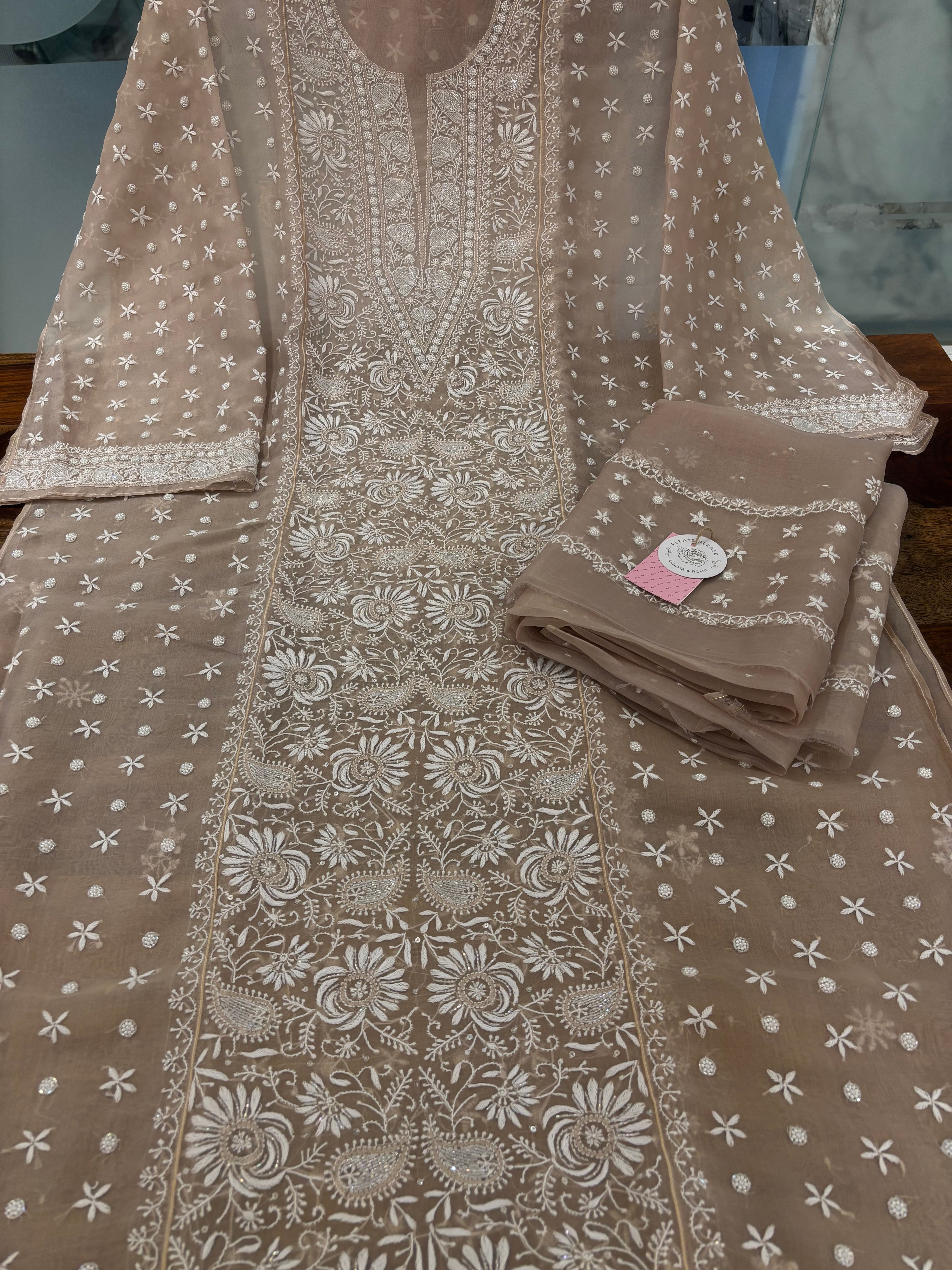 Mocha Brown Pure Organza Chikankari Kurta & Dupatta - Pleats PleaseChikankari