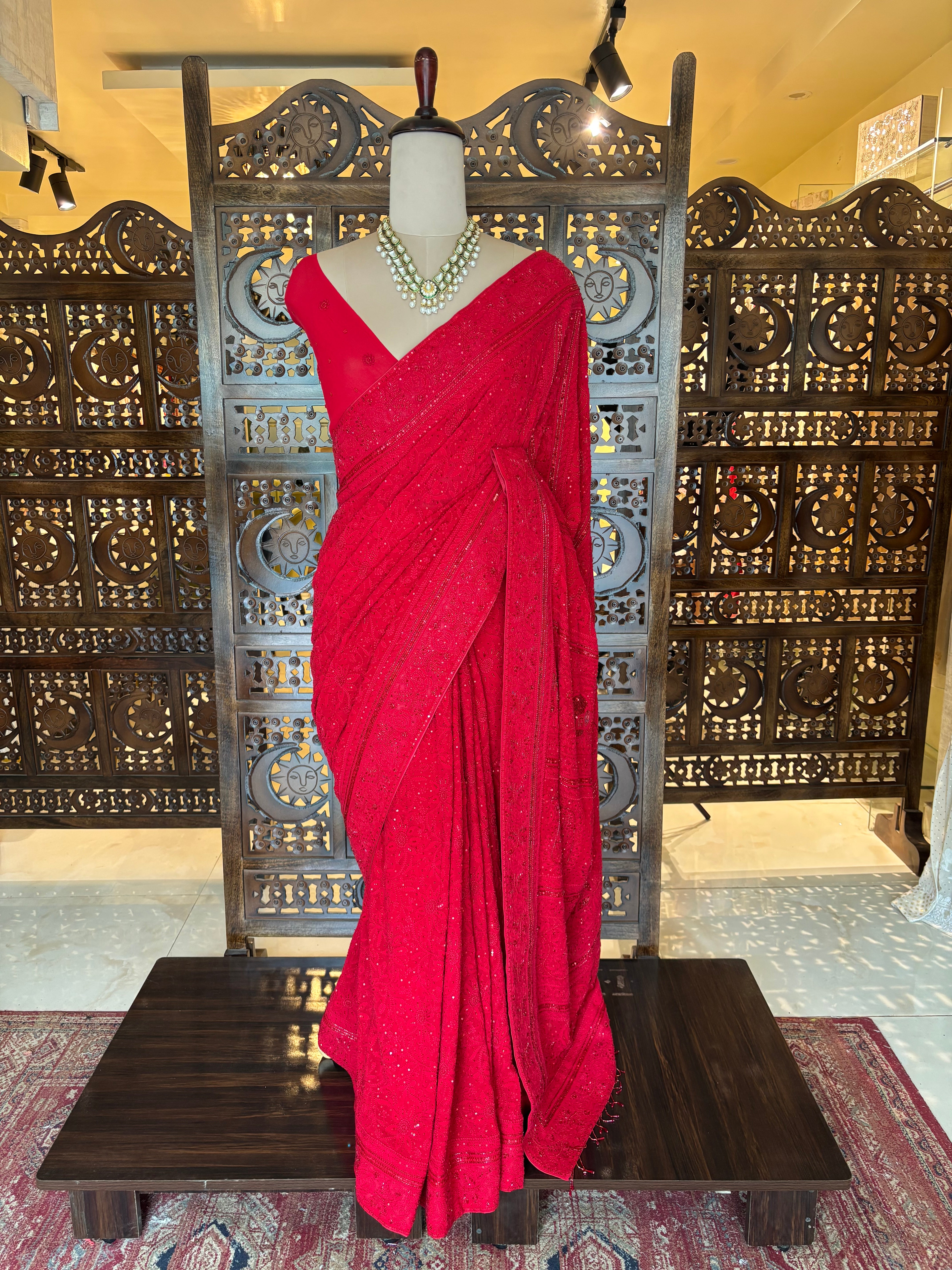 Crimson Red Pure & Premium Georgette Chikankari Saree - Pleats PleaseChikankari