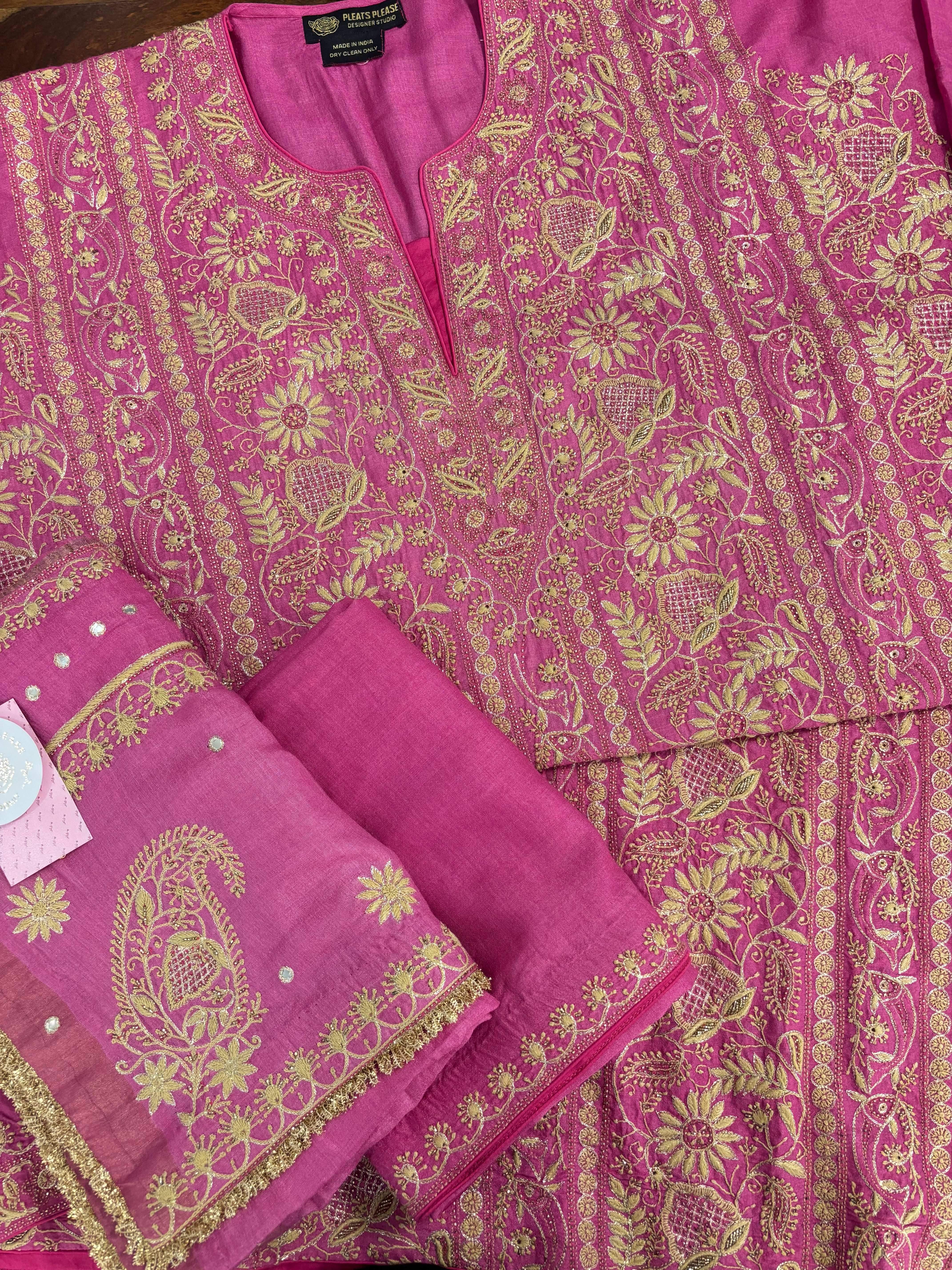 Magenta Pure Monga Silk A-Line Chikankari Kurta & Dupatta With Bottom - Pleats PleaseChikankari