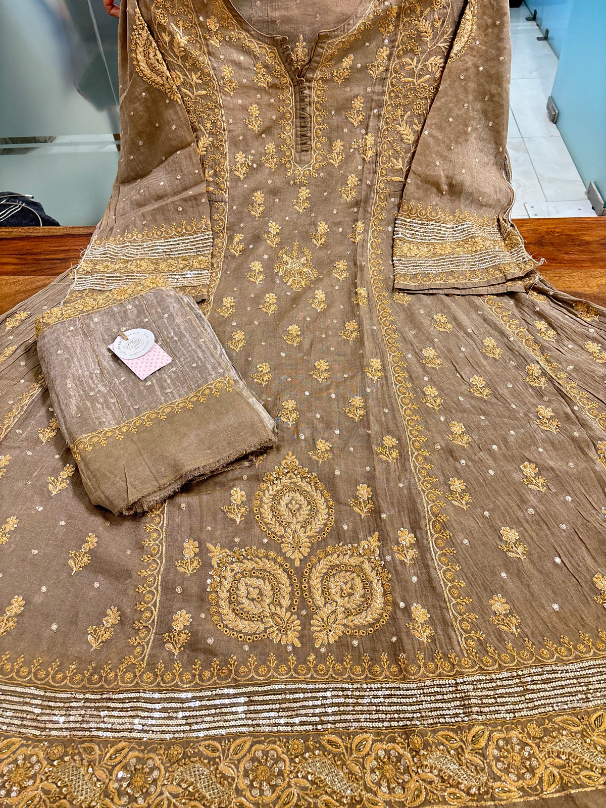 Ash Grey Pure & Premium Tissue Chikankari Anarkali & Dupatta