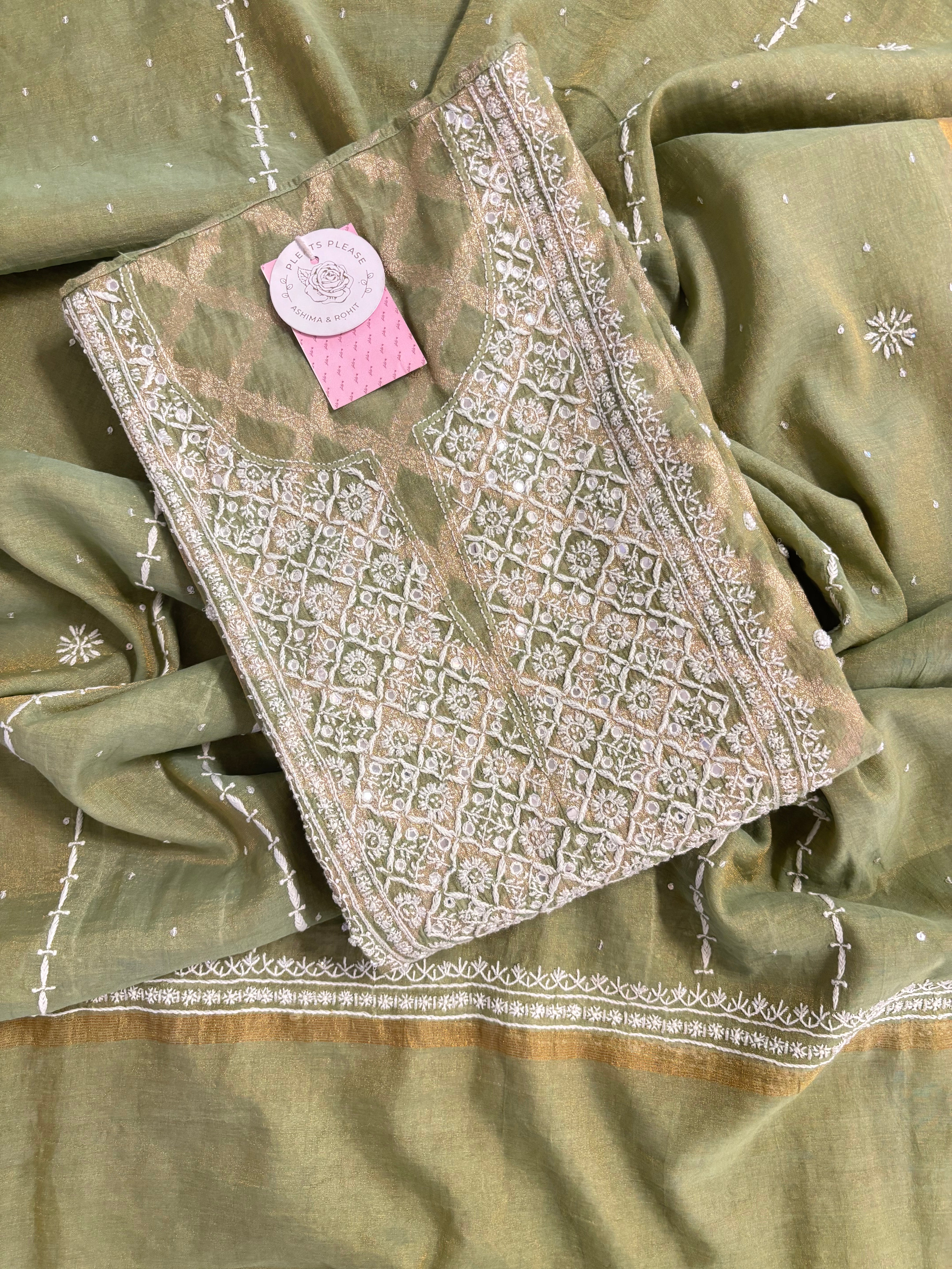 Olive Green Pure Tissue Banarasi Silk Chikankari Kurta & Dupatta