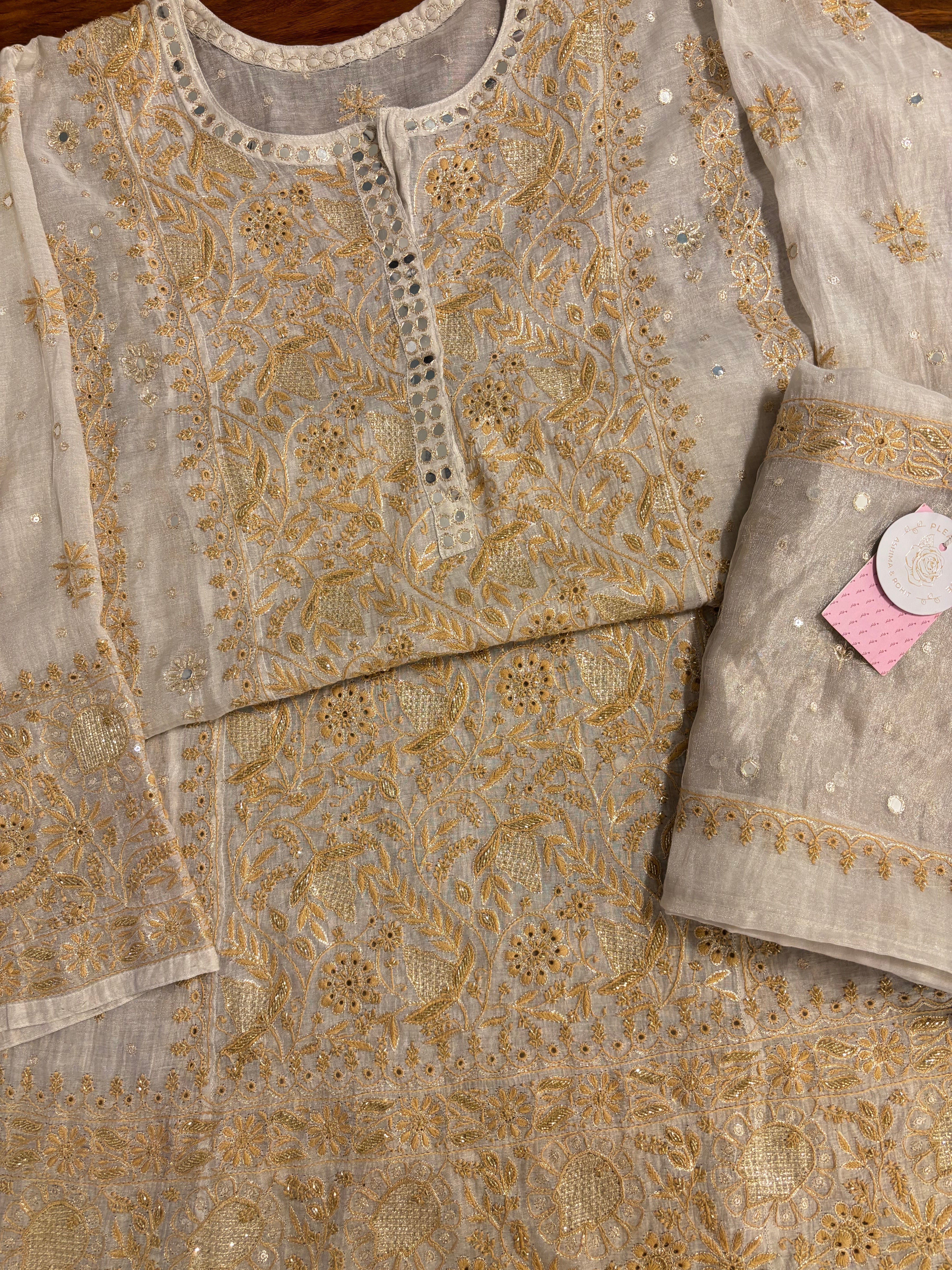 Dyeable Silver Tissue Mirror Neckline Chikankari Kurta & Dupatta - Pleats PleaseChikankari