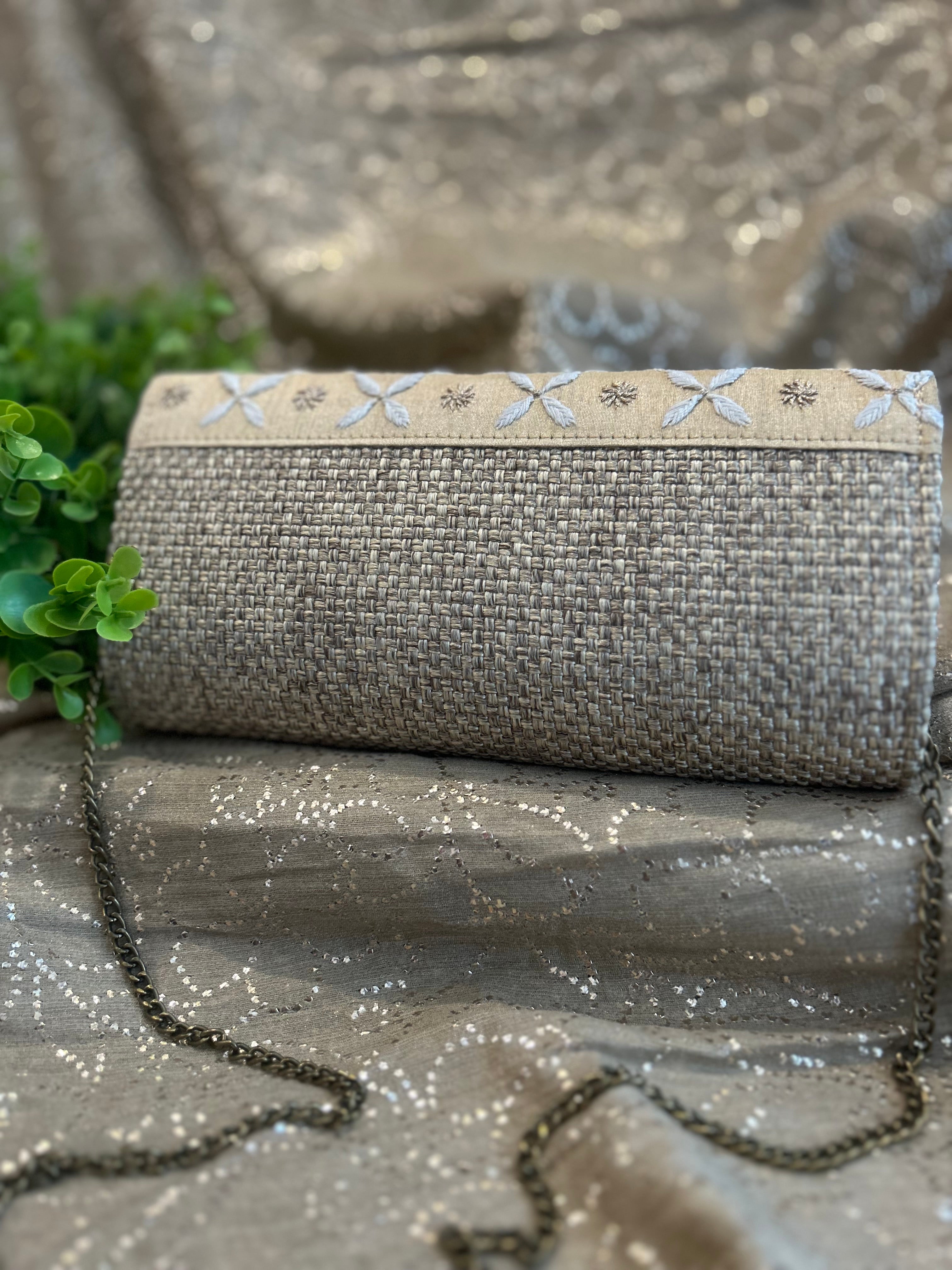 Cream Chikankari Jute Clutch - Pleats PleaseChikankari