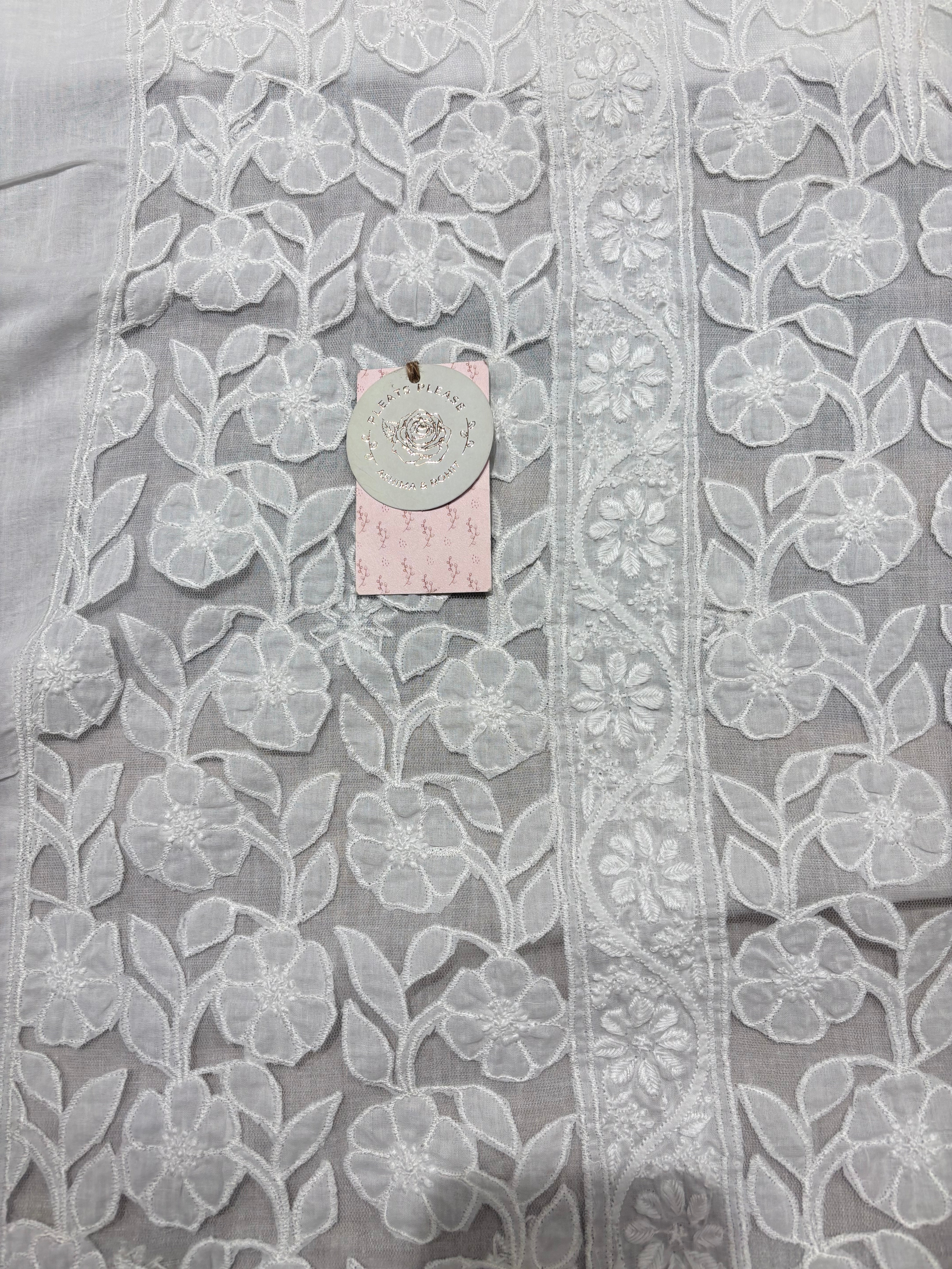 White Mulmul Soft Net Chikankari Applique Kurta And Dupatta Fabric