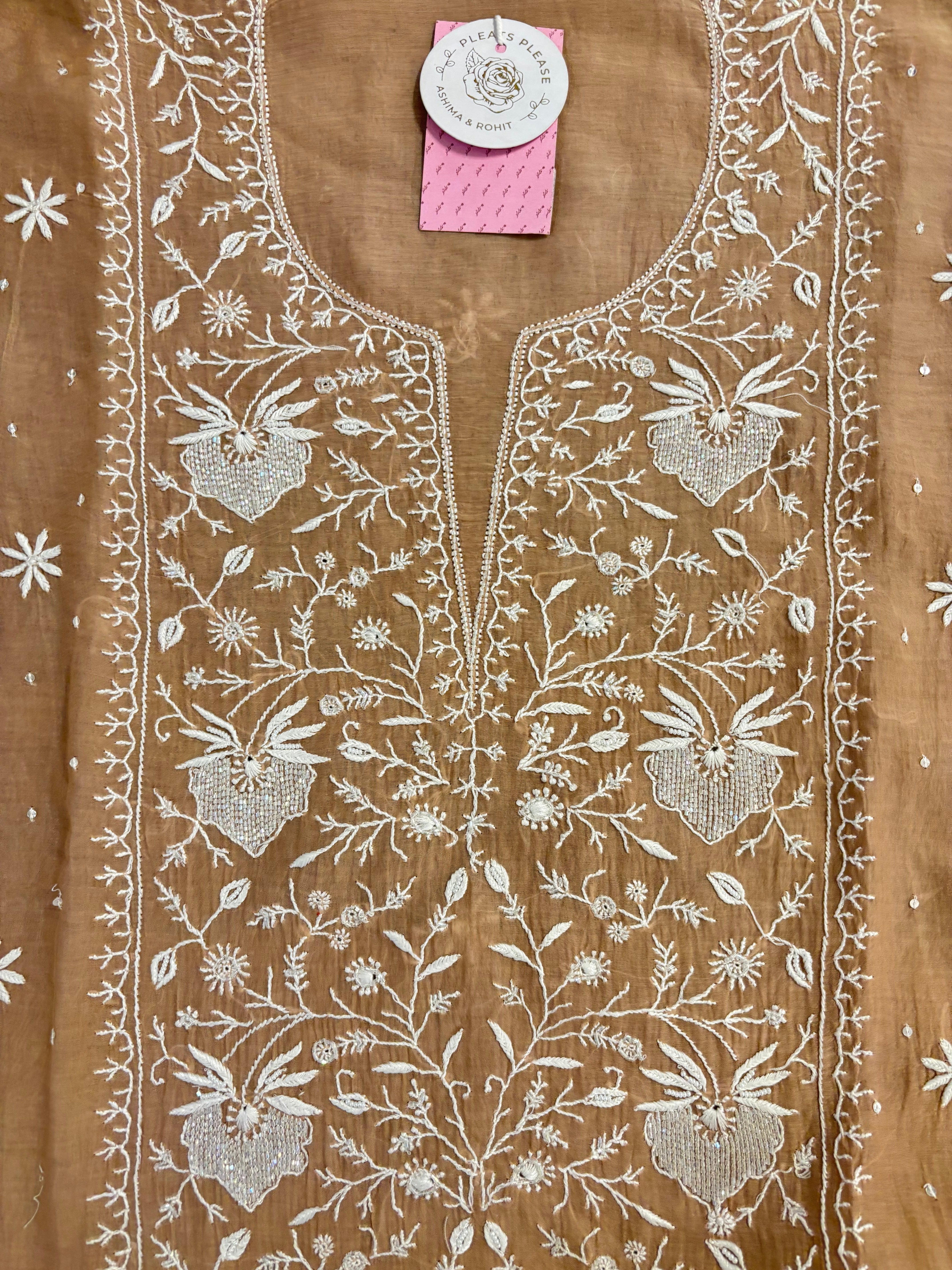 Nude Beige Chanderi Chikankari Kurta & Dupatta
