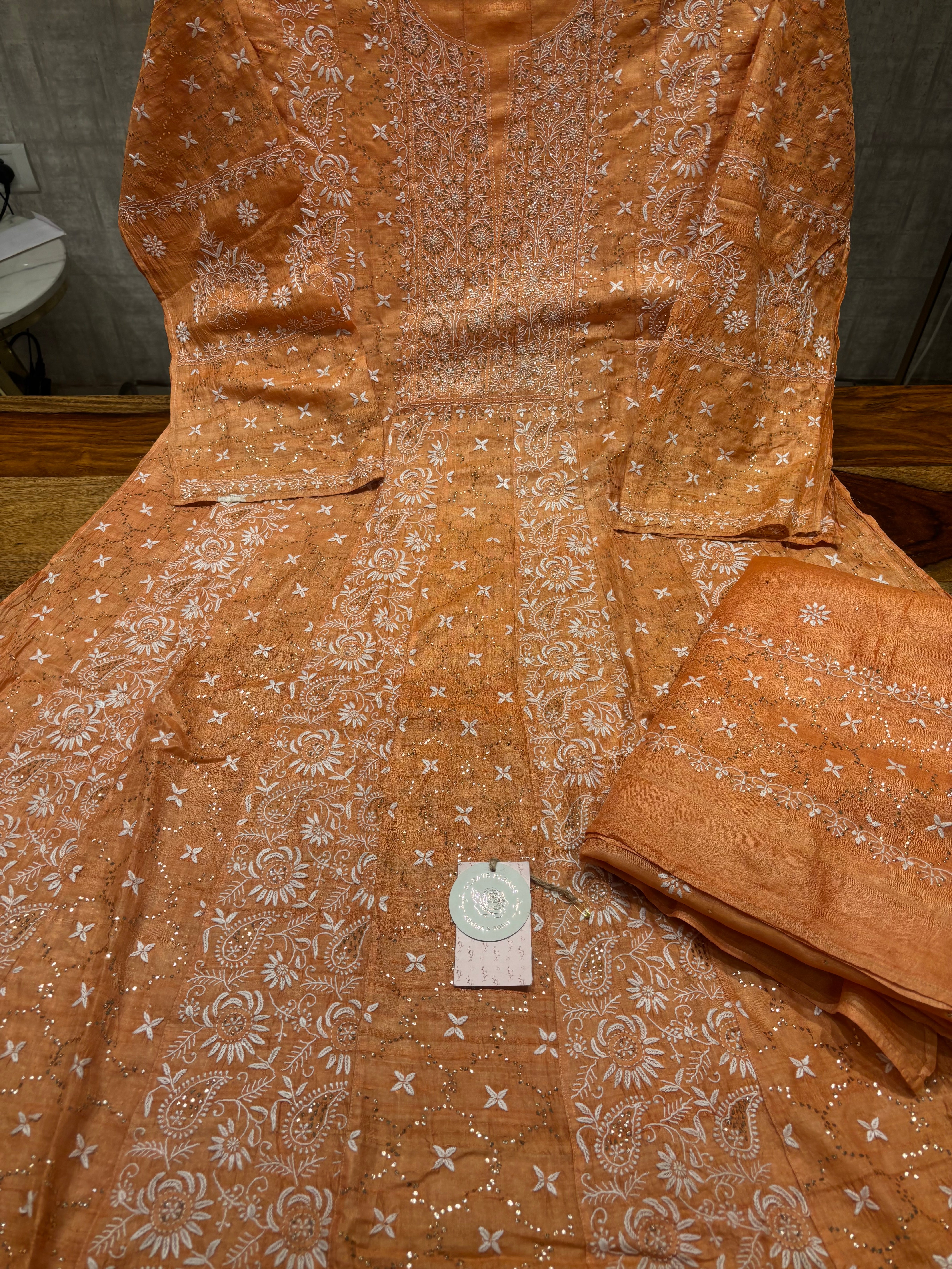 Orange Pure And Premium Tussar Silk Chikankari & Mukaish Anarkali and Dupatta Set